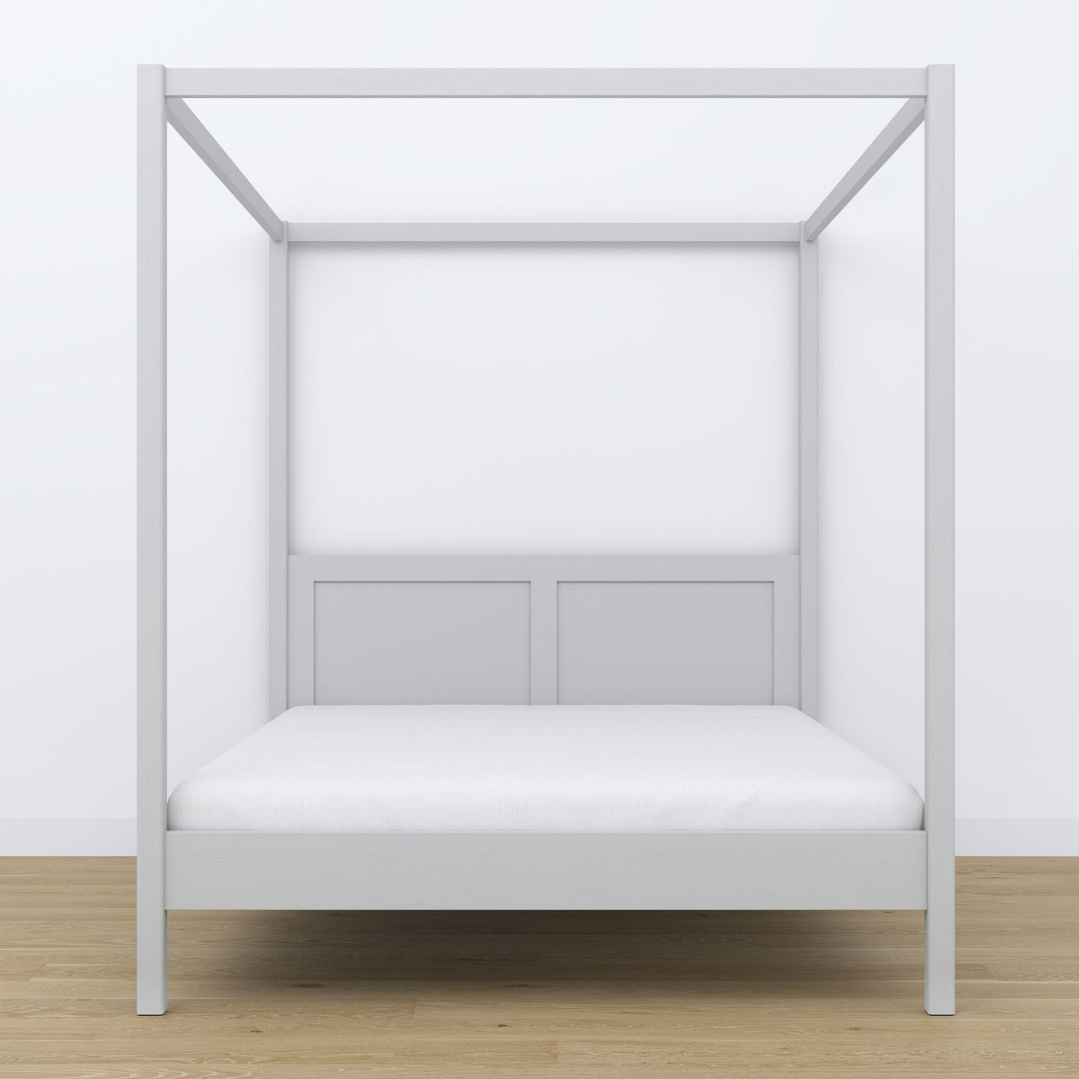 Doppelbett Aschgrau mit Baldachin – Rahmenecke aus Holz, Nahaufnahme