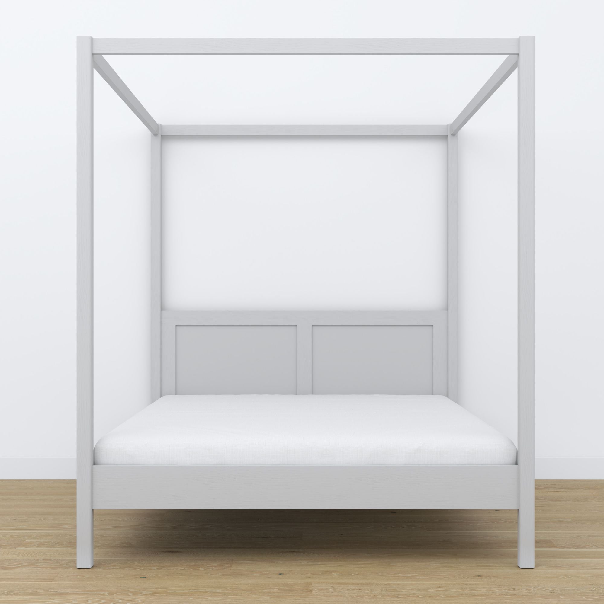 Doppelbett Aschgrau mit Baldachin – Rahmenecke aus Holz, Nahaufnahme