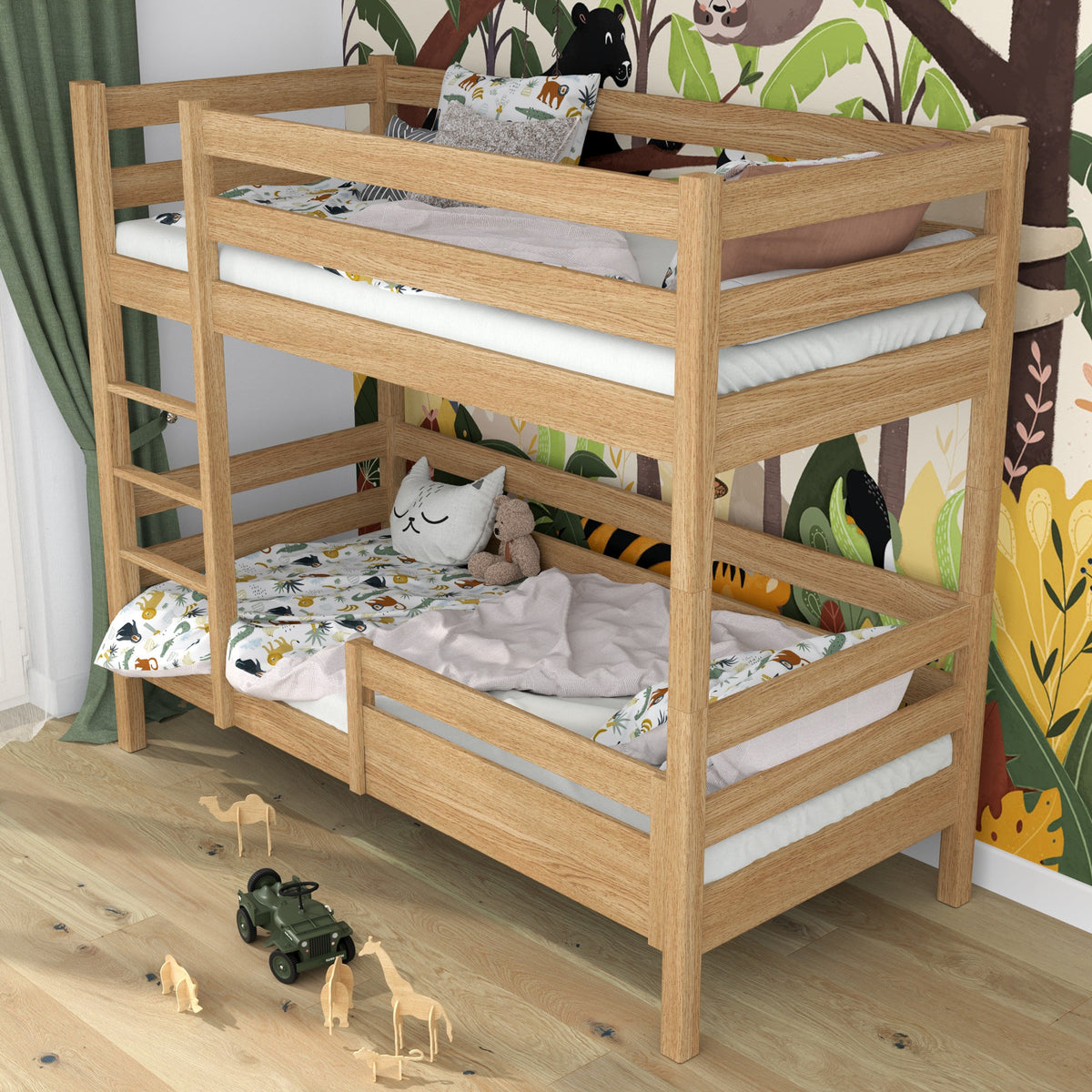 Herausfallschutz Natureiche im Bett montiert – Detailaufnahme