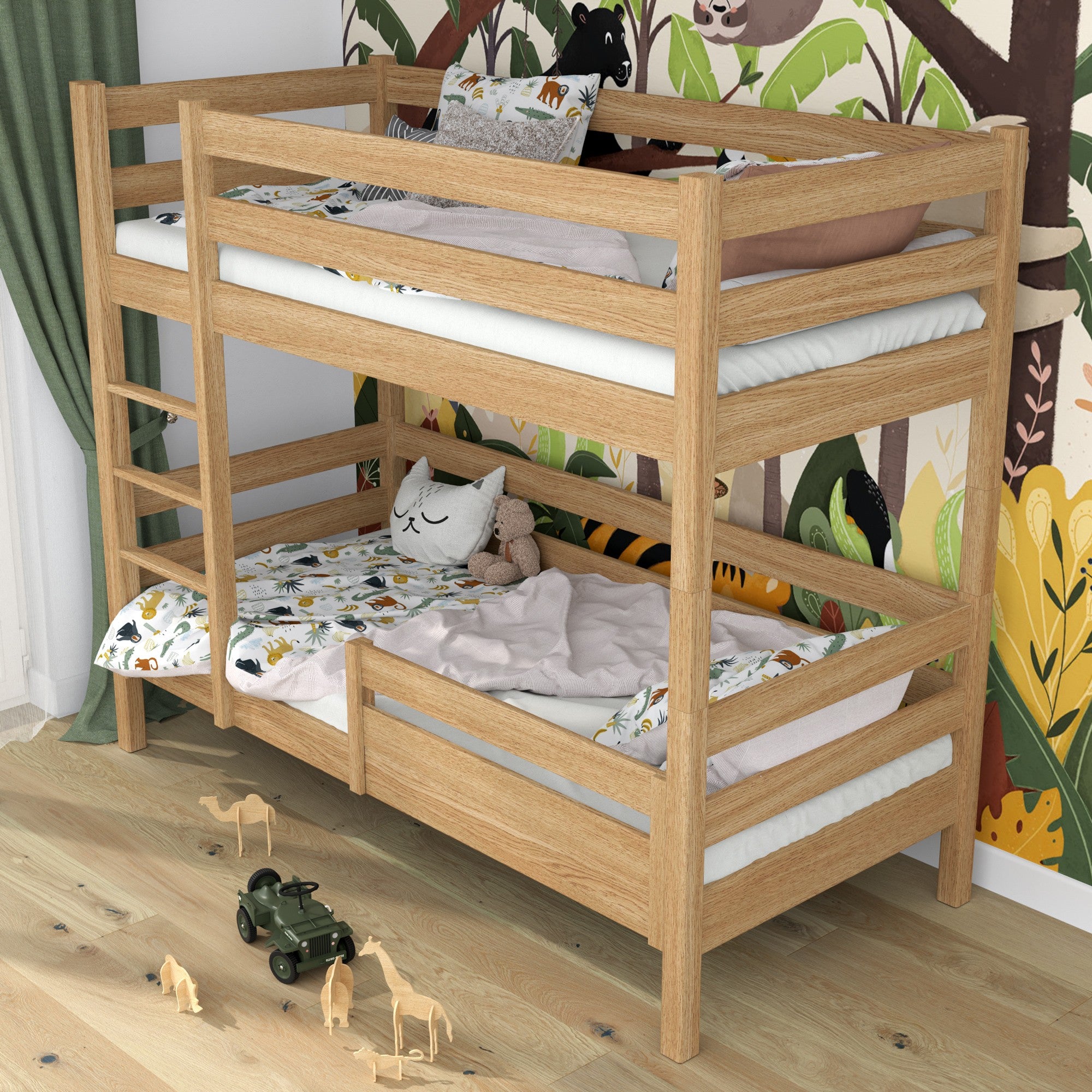 Herausfallschutz Natureiche im Bett montiert – Detailaufnahme