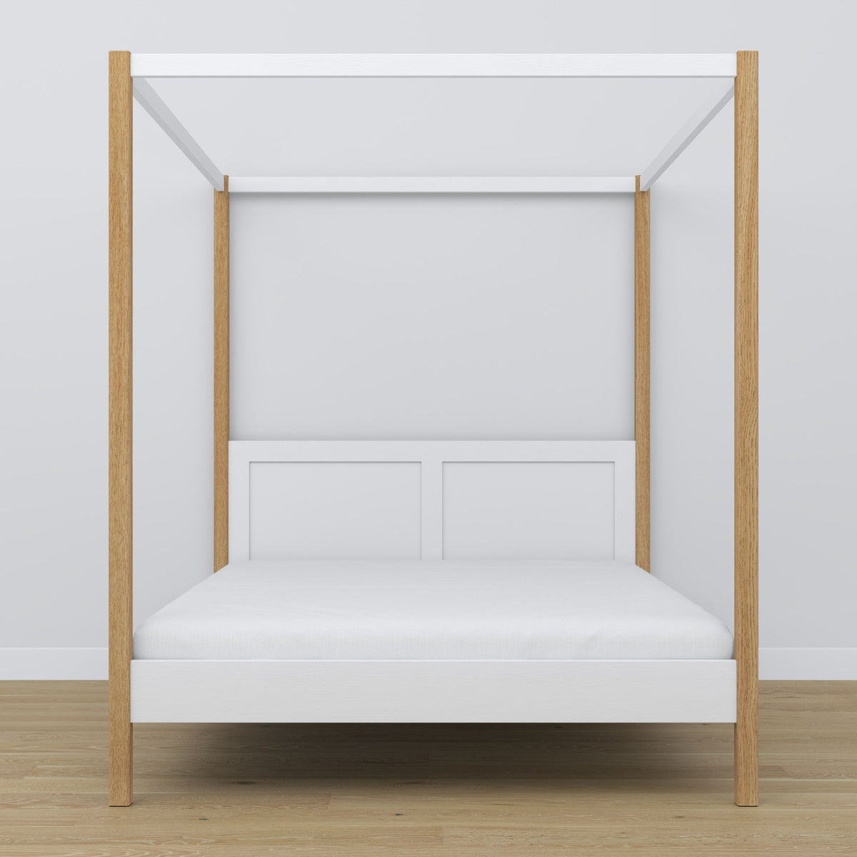 Doppelbett Weiß-Eiche mit Baldachin – Rahmenecke aus Holz, Nahaufnahme