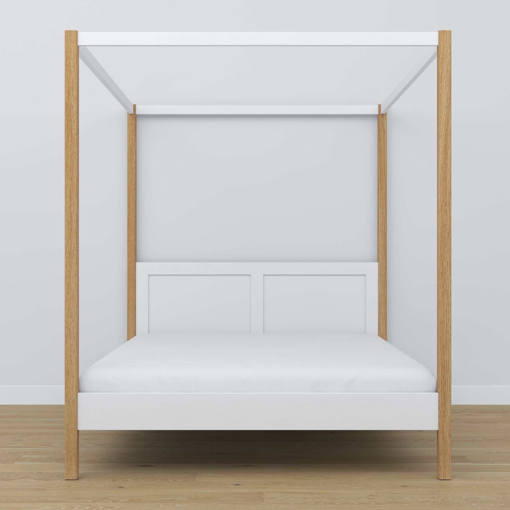 Doppelbett Weiß-Eiche mit Baldachin – Rahmenecke aus Holz, Nahaufnahme