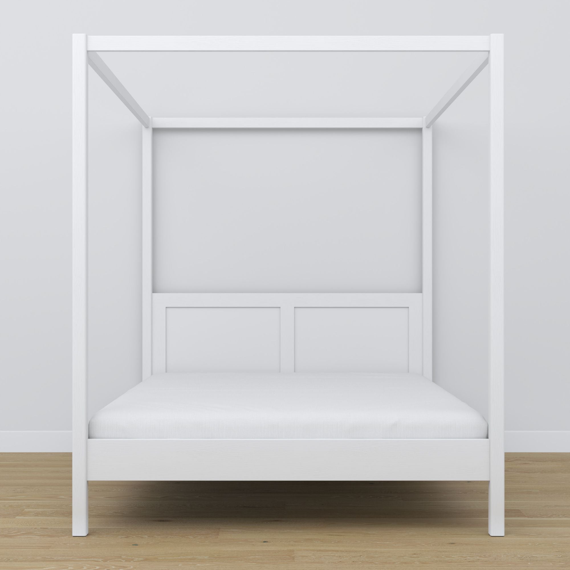 Lit double blanc avec baldaquin – angle du cadre en bois, gros plan