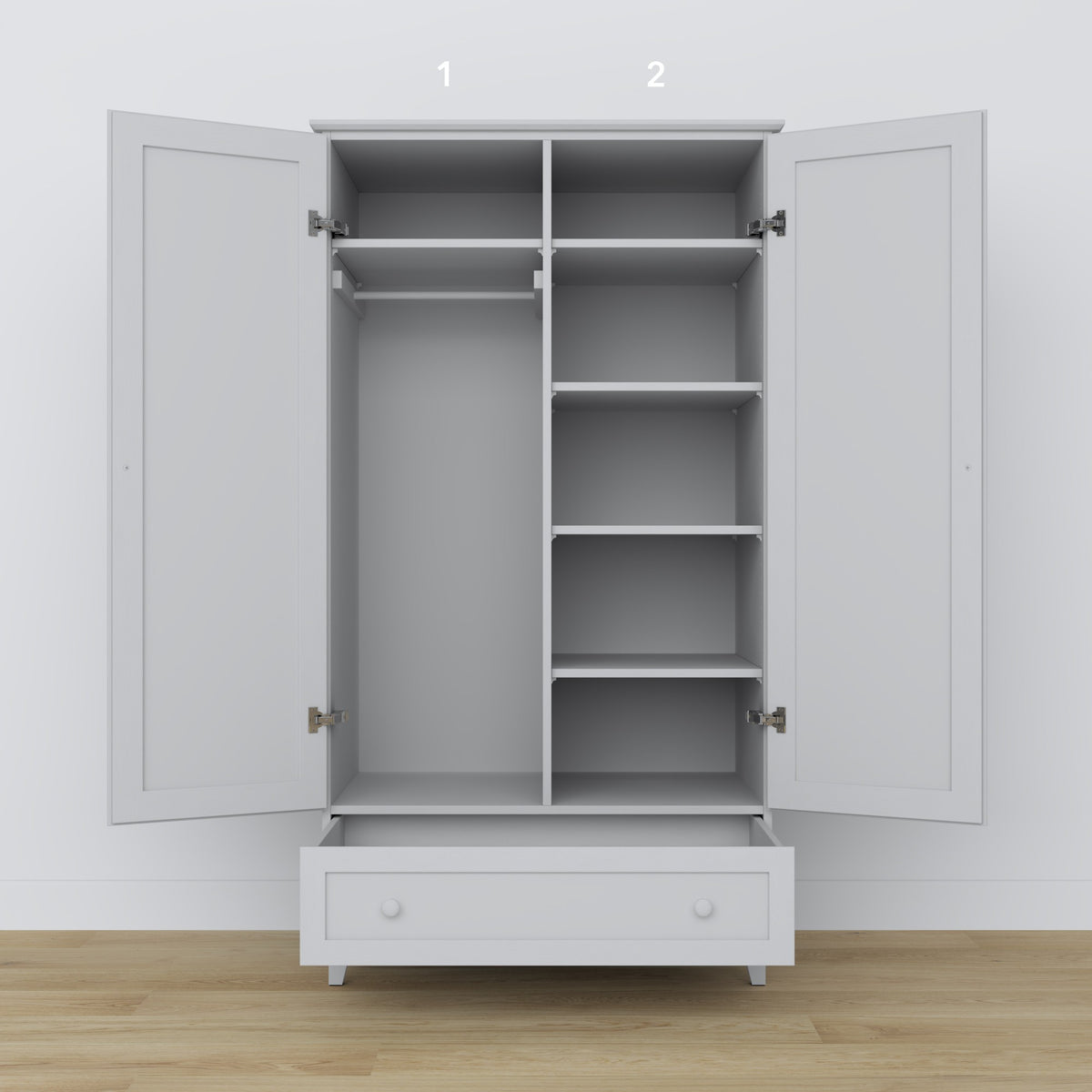 Armoire 2D1S en bois gris – portes ouvertes, tringle et étagères intérieures
