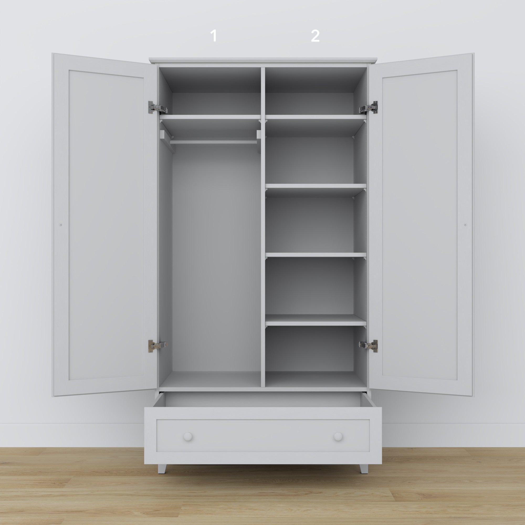 Armoire 2D1S en bois gris – portes ouvertes, tringle et étagères intérieures
