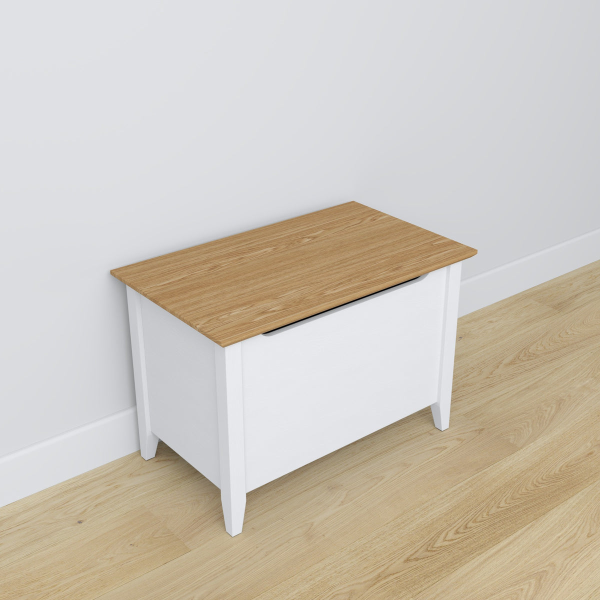 Coffre blanc avec chêne en bois – vue de côté, proportions du meuble, Nizio