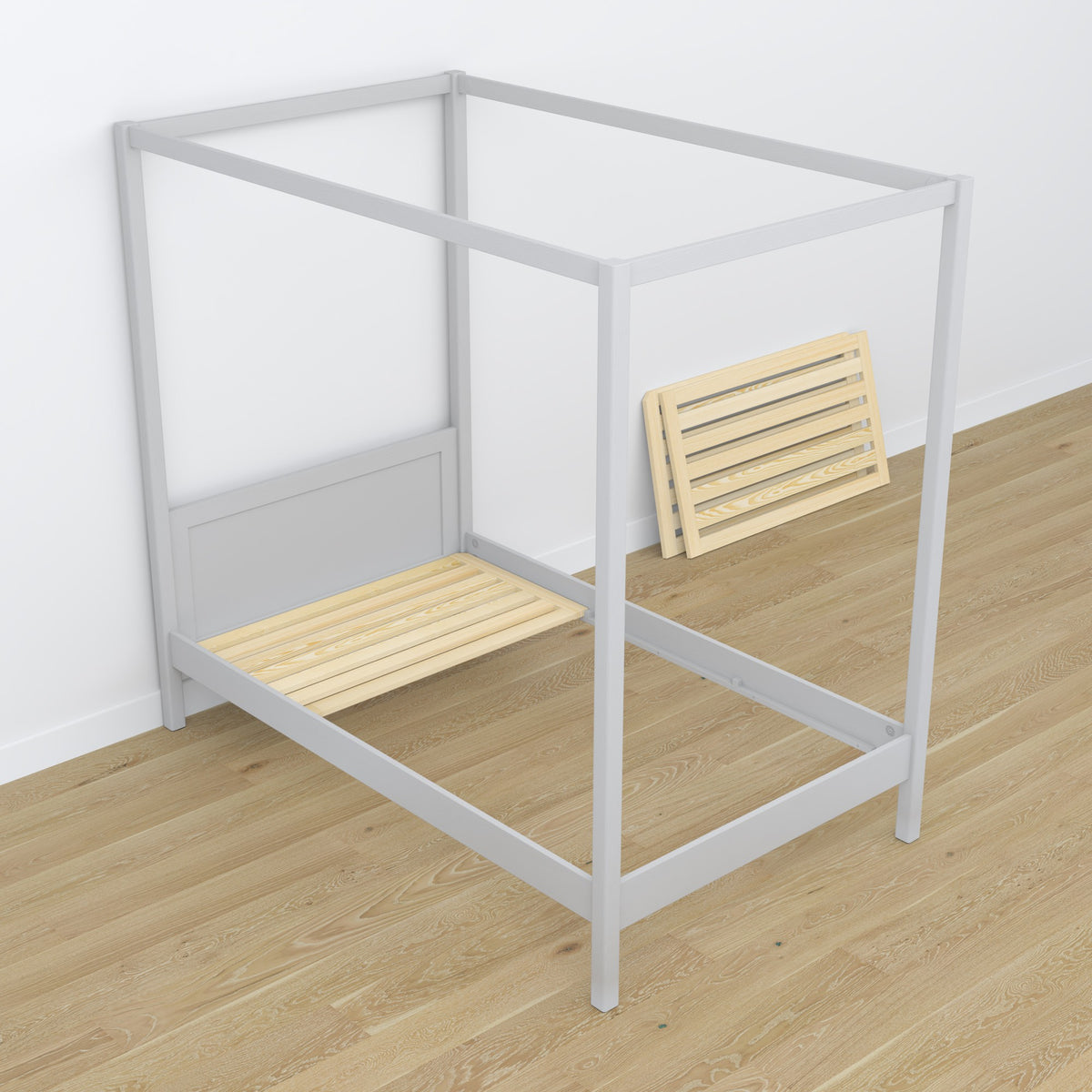 Bed grey with canopy – wooden details and joints, Nizio Home