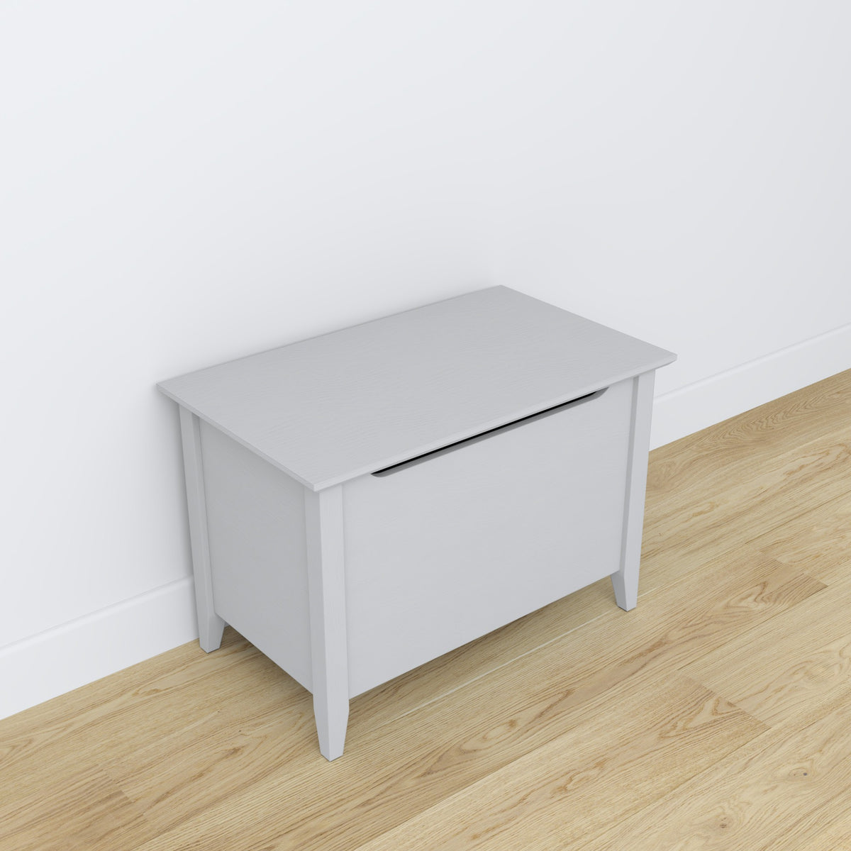 Coffre en bois gris – couvercle ouvert, intérieur spacieux pour le rangement