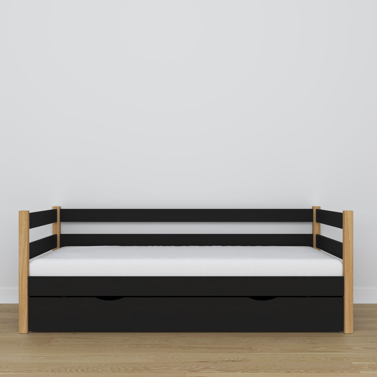 Sofabett mit Schublade schwarz-eiche aus Holz – Maße und Schema, Nizio