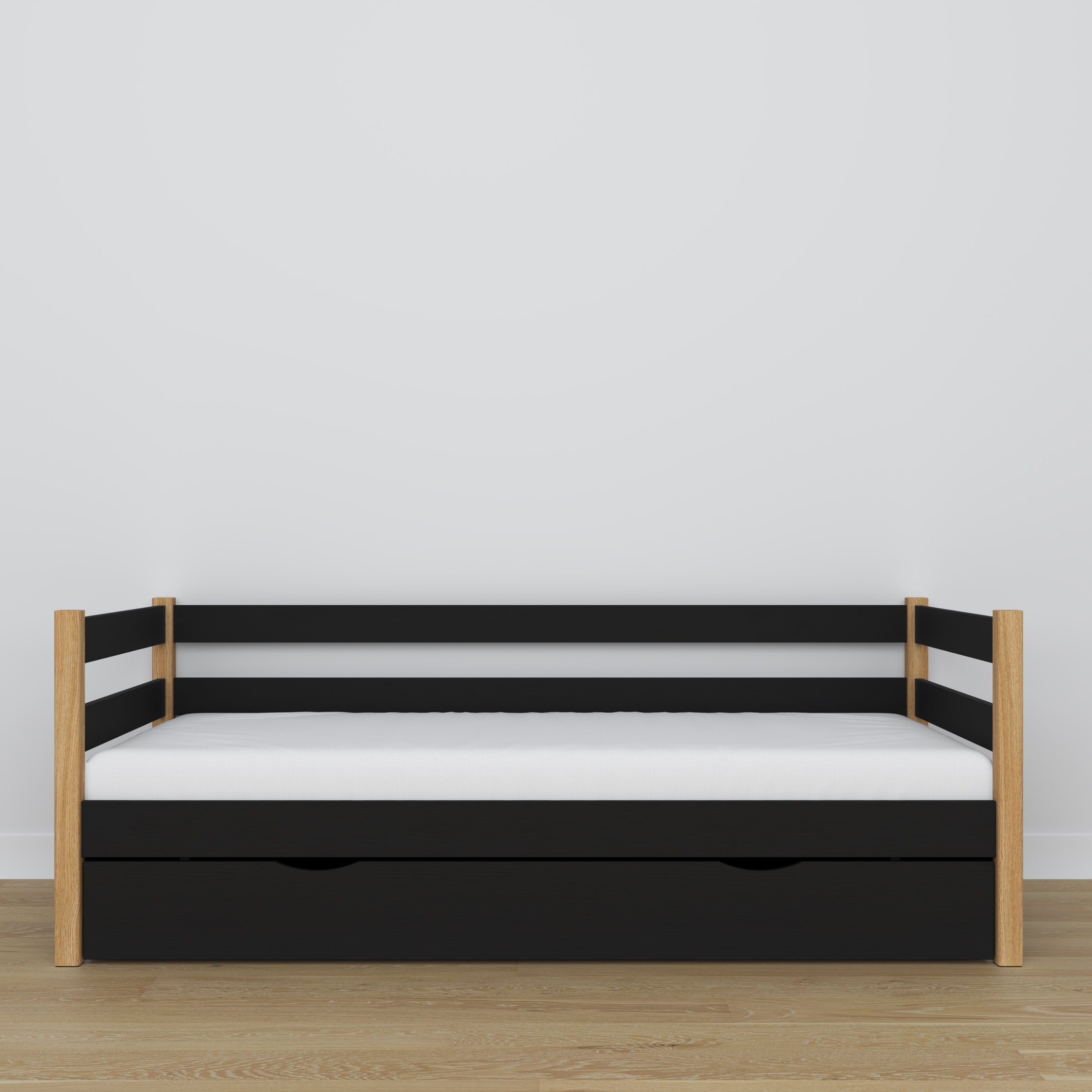 Sofabett mit Schublade schwarz-eiche aus Holz – Maße und Schema, Nizio