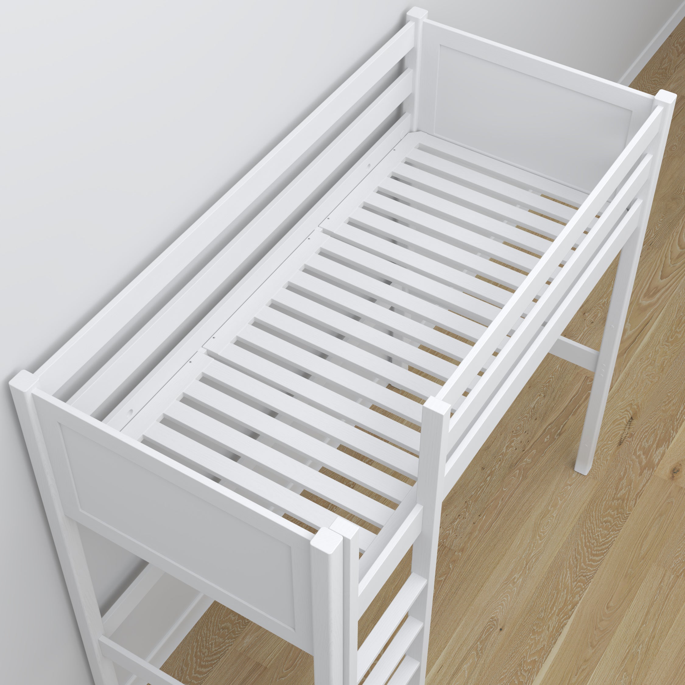 Hochbett aus Holz, Weiß – Details der Verbindungen und Leiter, Nizio Home