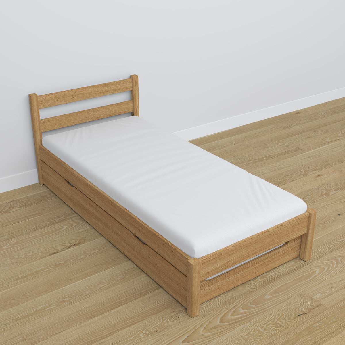 Bed with mattress drawer natural oak made of oak – dimensions, Nizio