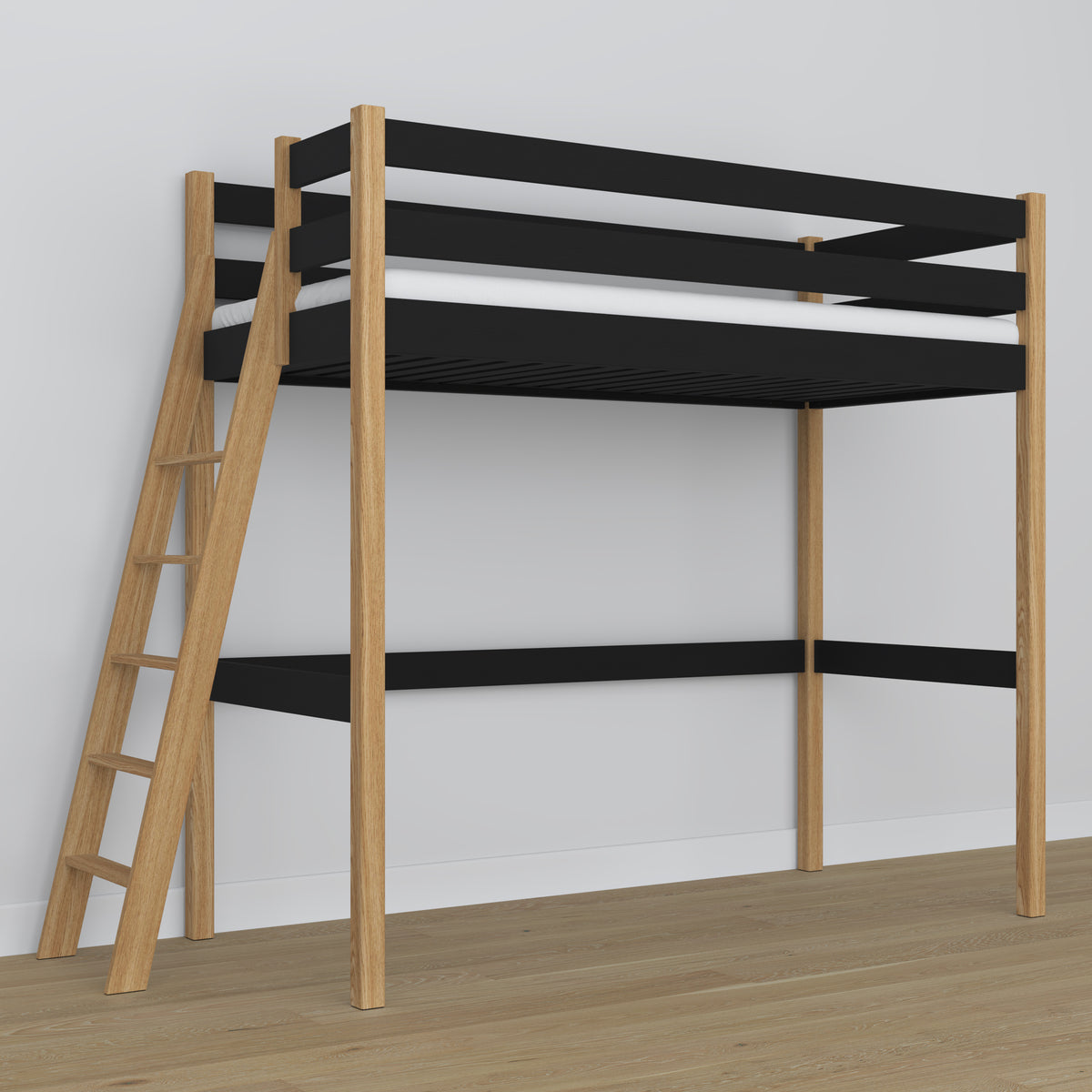Hochbett schwarz-eiche aus Holz – Abmessungen und Schema, Nizio