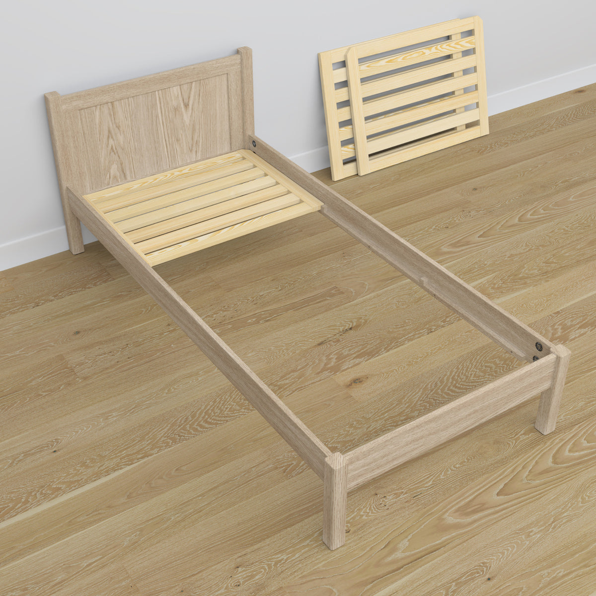Bed with mattress drawer bleached oak made of oak – dimensions, Nizio