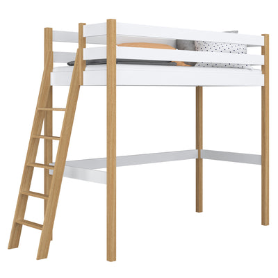 Hochbett aus Holz, Weiß-Eiche – Kinderzimmer, Massivholz, Scandi-Stil
