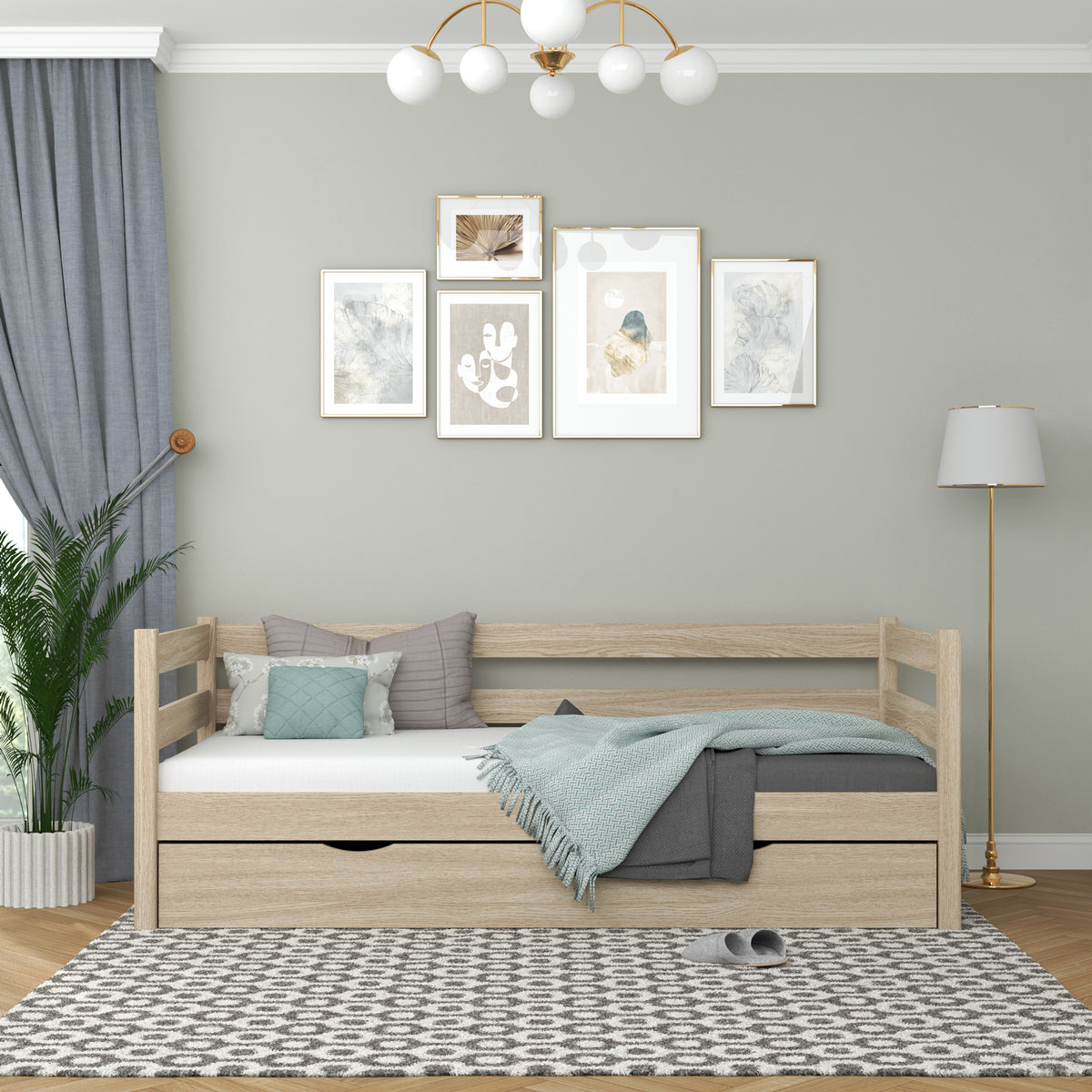 Sofa-lit chêne blanchi – barrière latérale en chêne, vue de côté, Nizio