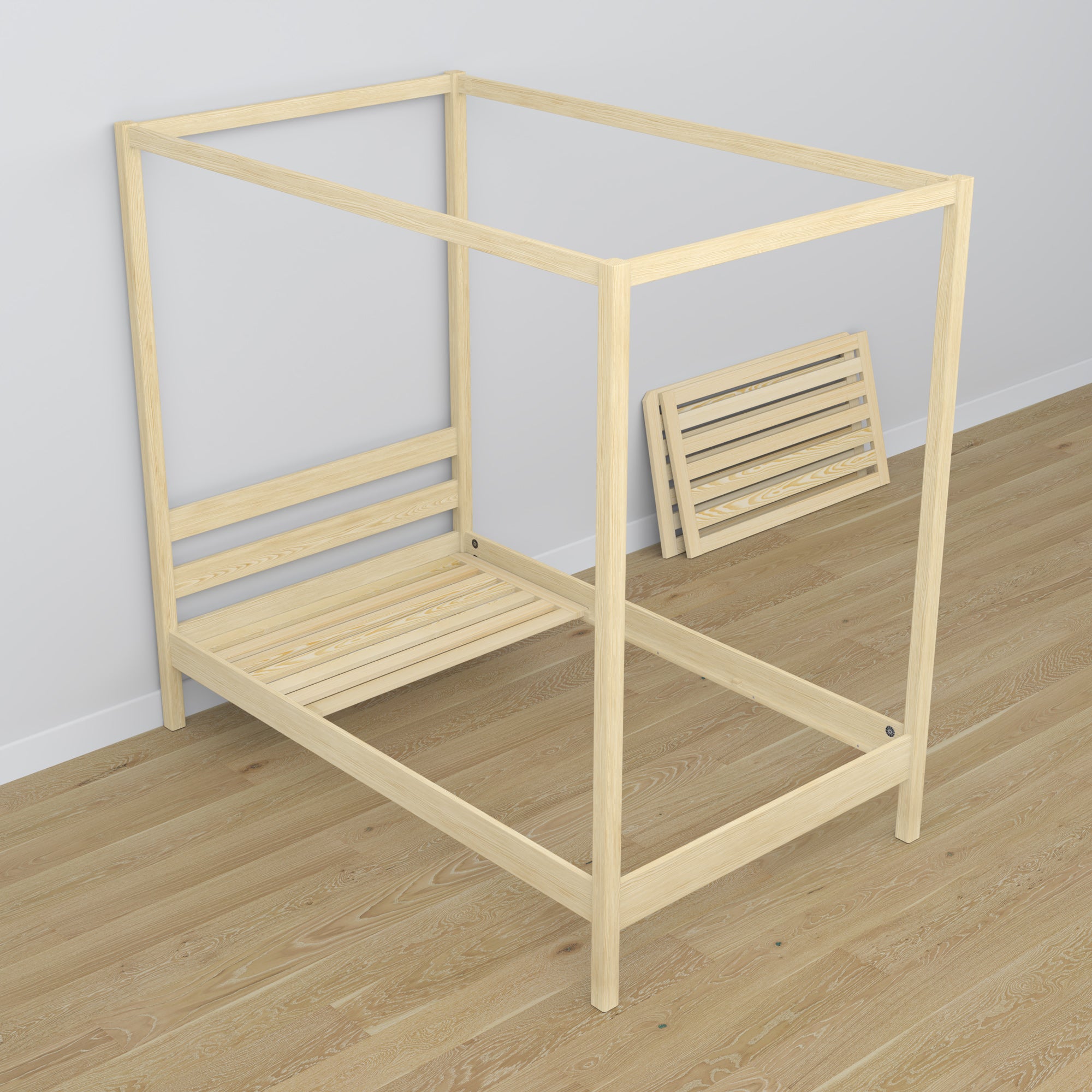 Wooden clear pine canopy bed – scandi child’s room arrangement