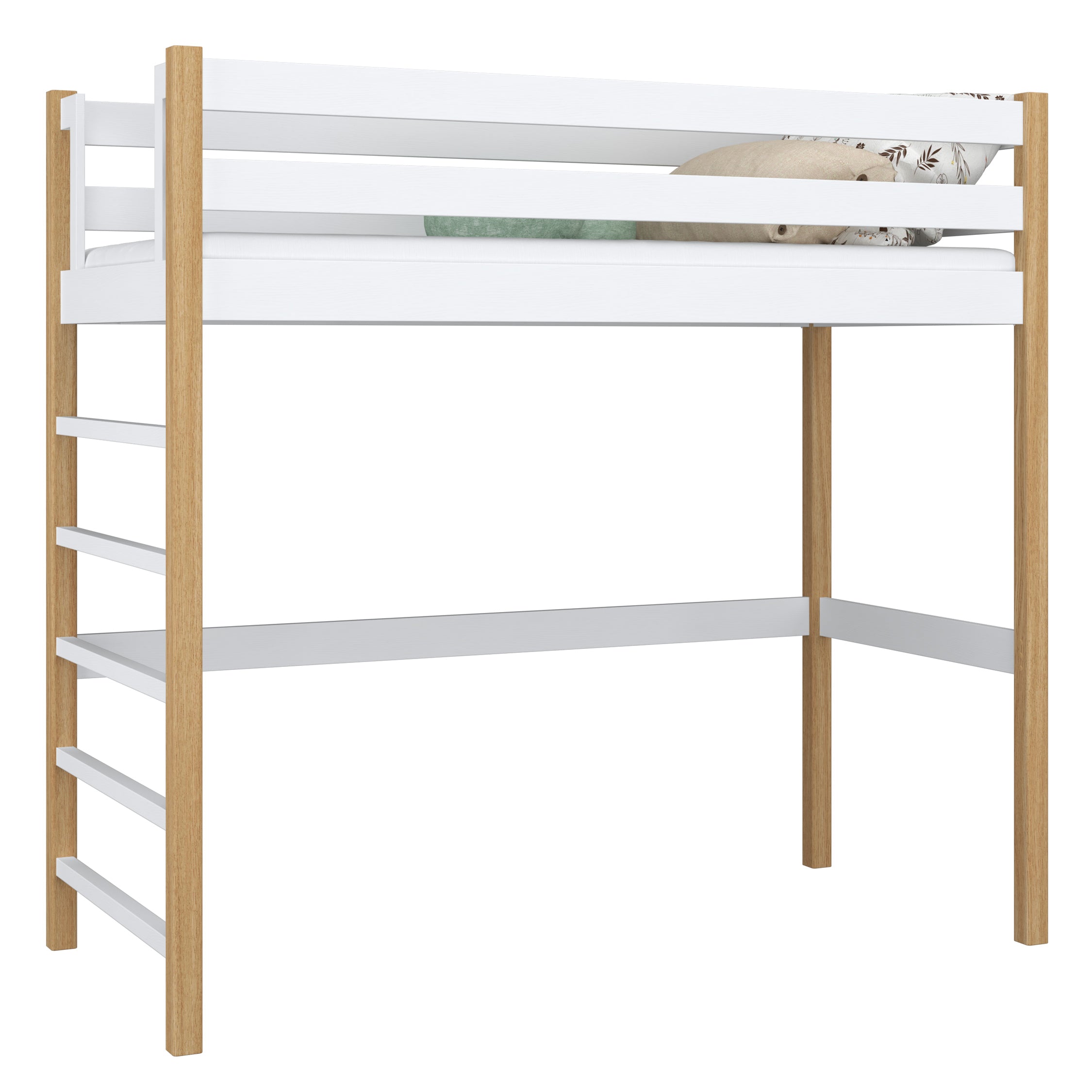 Loft bed white/oak – wooden ladder and safety rail, Nizio Home