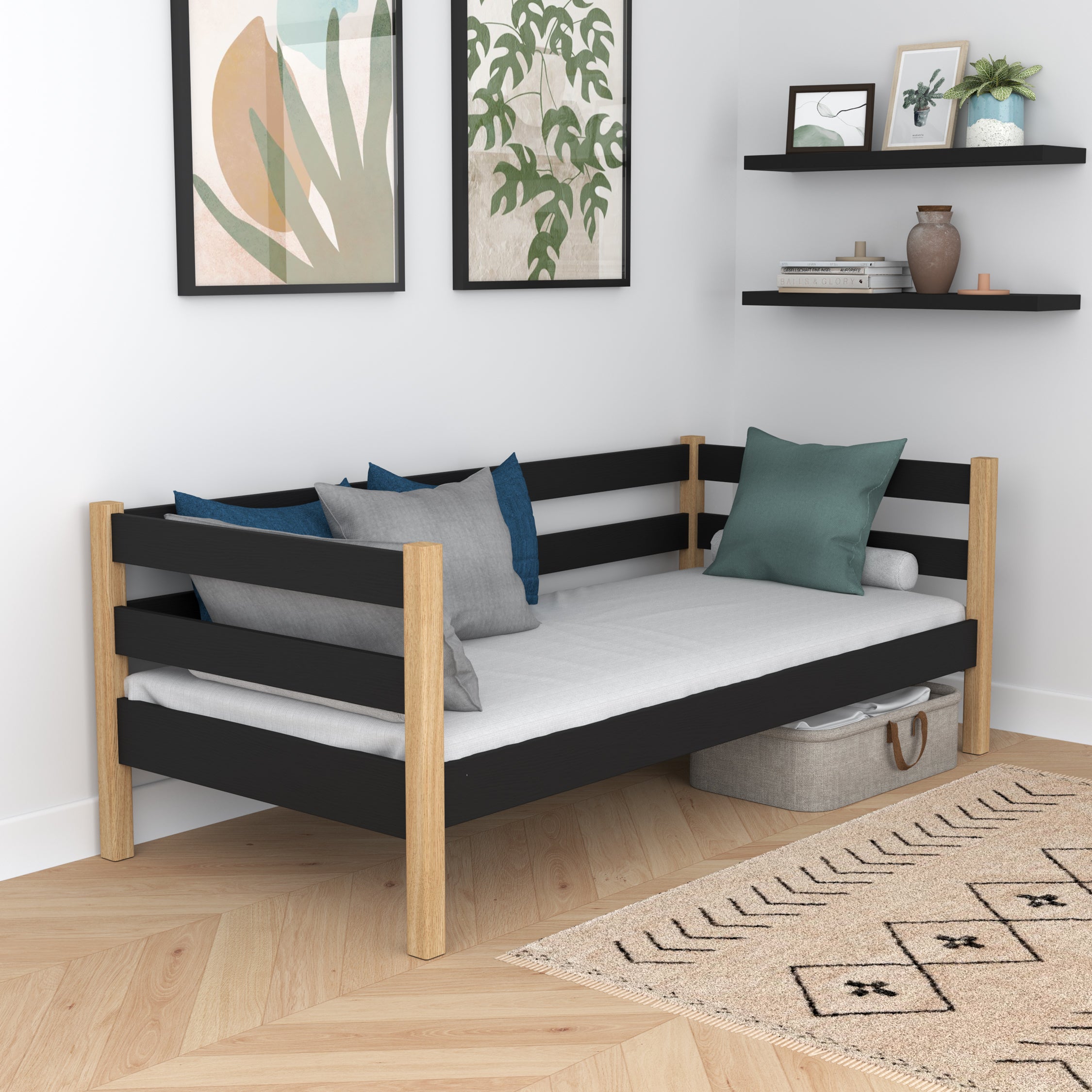 Sofa-Bett schwarz-Eiche – seitliche Schutzbarriere Holz, Sicherheit für Kinder