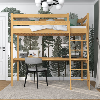 Natural Pine Wooden Loft Bed with Desk – Children’s Room, Scandi Nizio