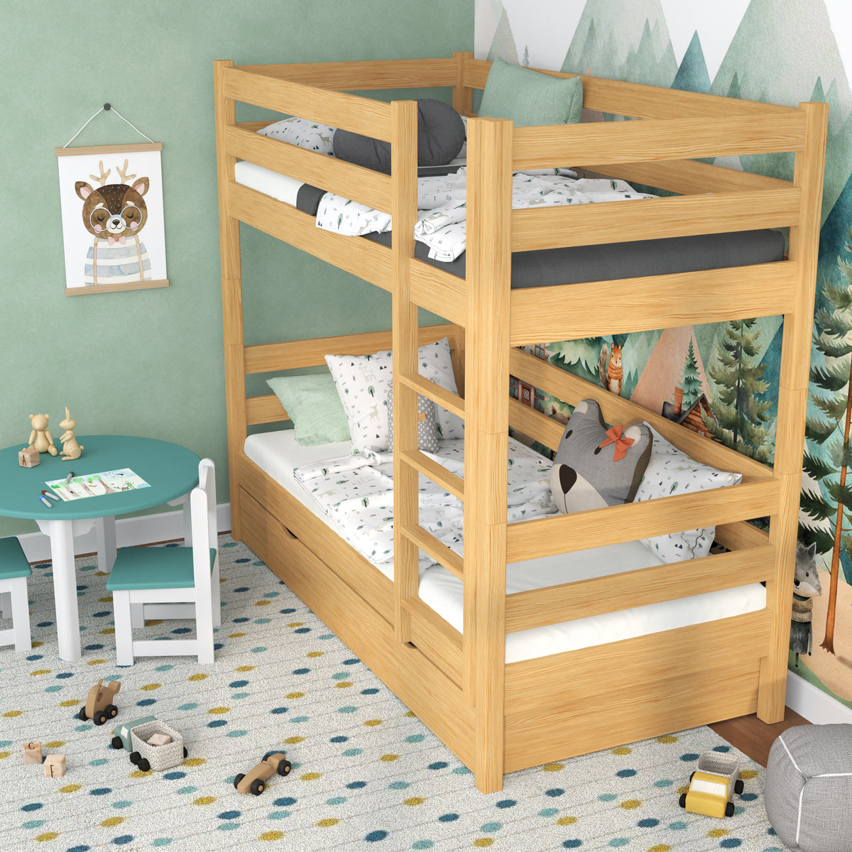 Natural Pine Bunk Bed for Children – Two Sleeping Areas and Drawer, Wooden