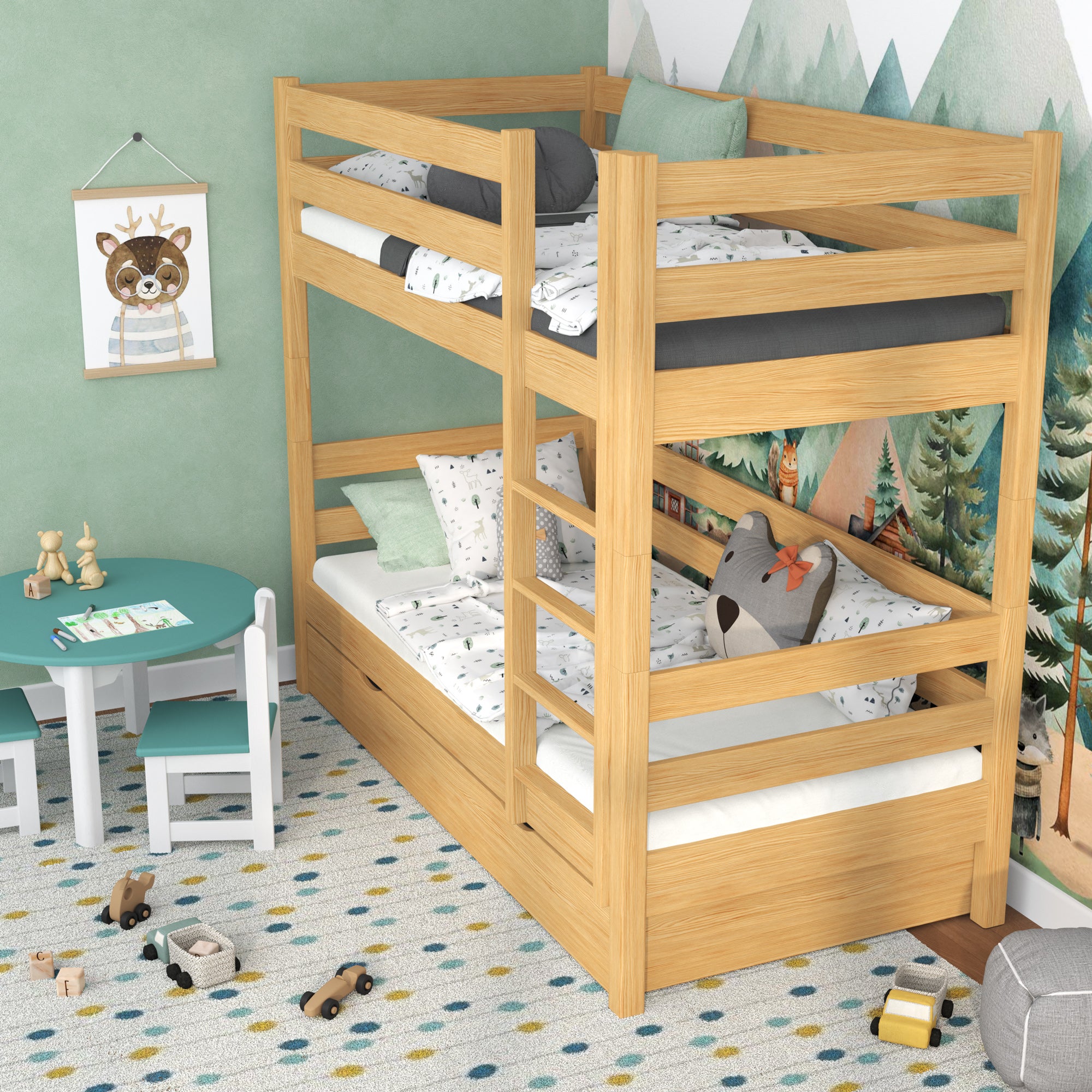 Natural Pine Bunk Bed for Children – Two Sleeping Areas and Drawer, Wooden