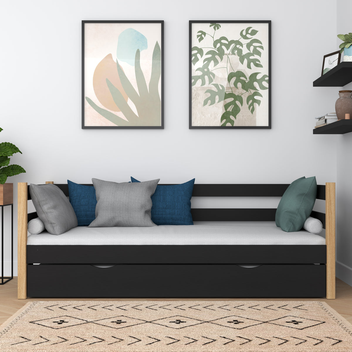 Sofa-Bett schwarz-Eiche – seitliche Schutzbarriere Holz, Seitenansicht, Nizio