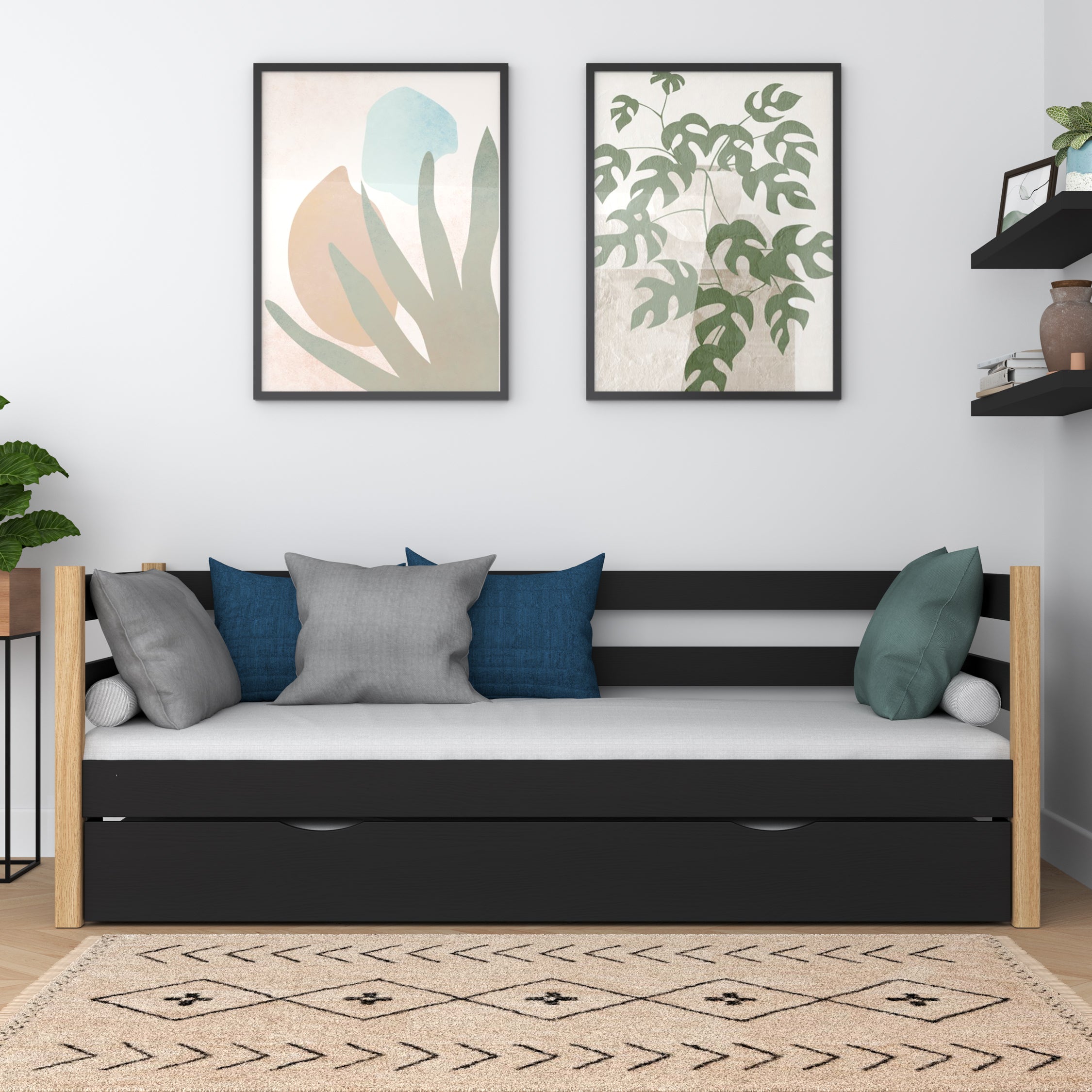 Sofa-Bett schwarz-Eiche – seitliche Schutzbarriere Holz, Seitenansicht, Nizio