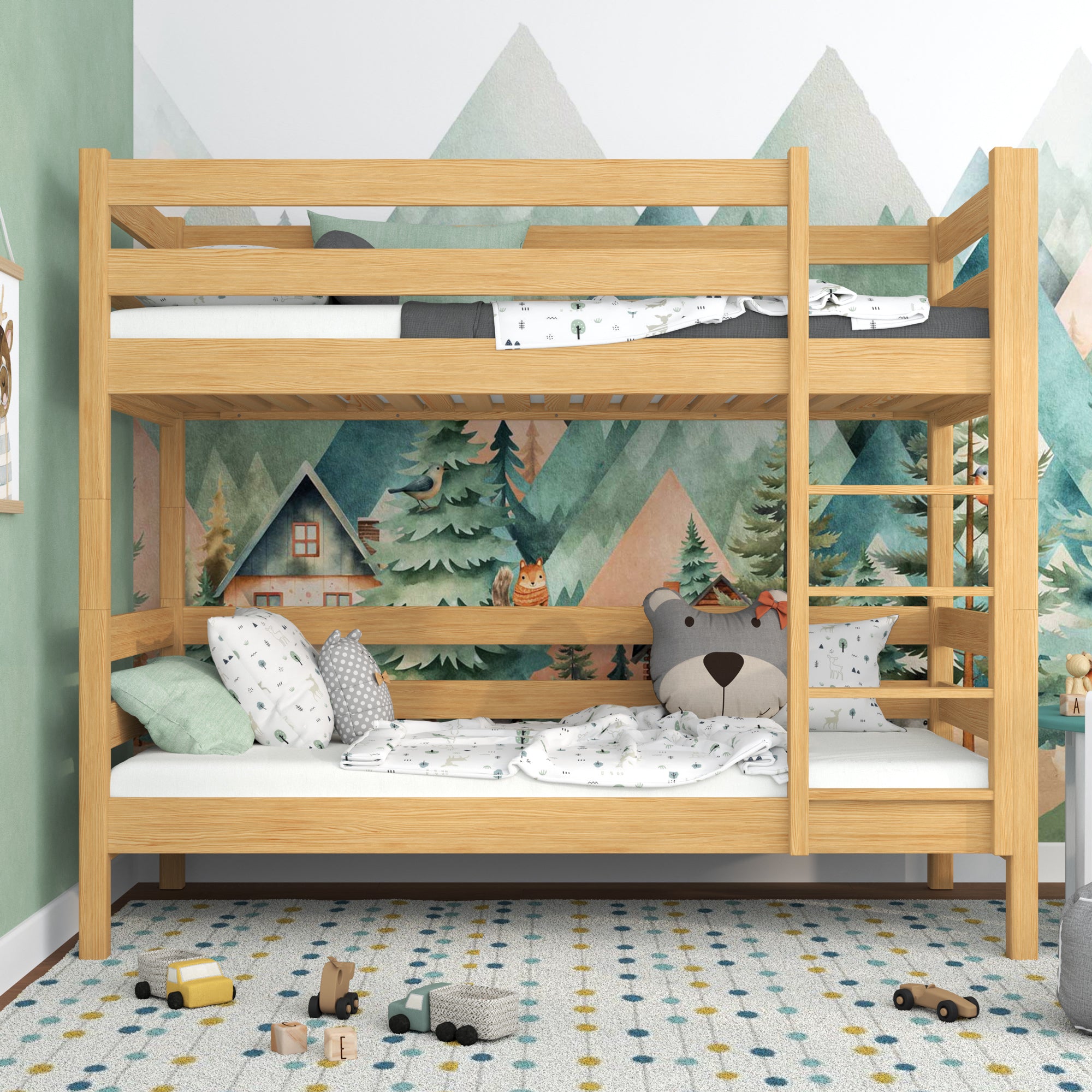 Etagenbett Kiefer natur – Holzleiter und Schutzgitter, Nizio Home