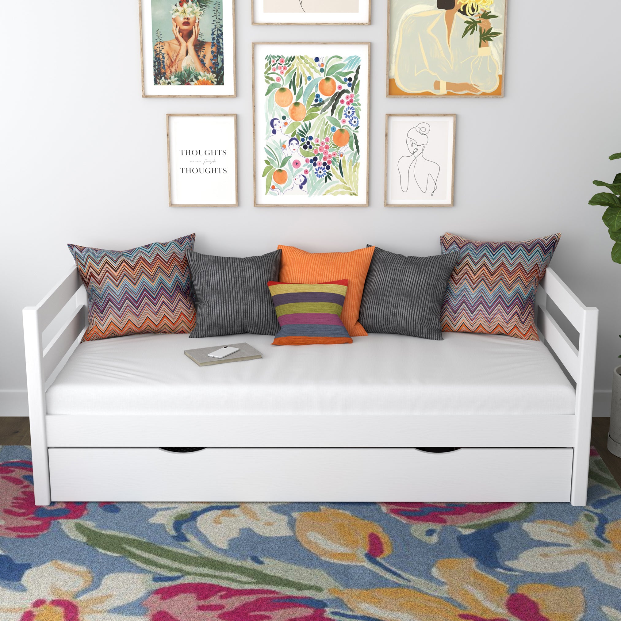 Sofa-Bett weiß – seitliche Schutzbarriere Holz, Seitenansicht, Nizio