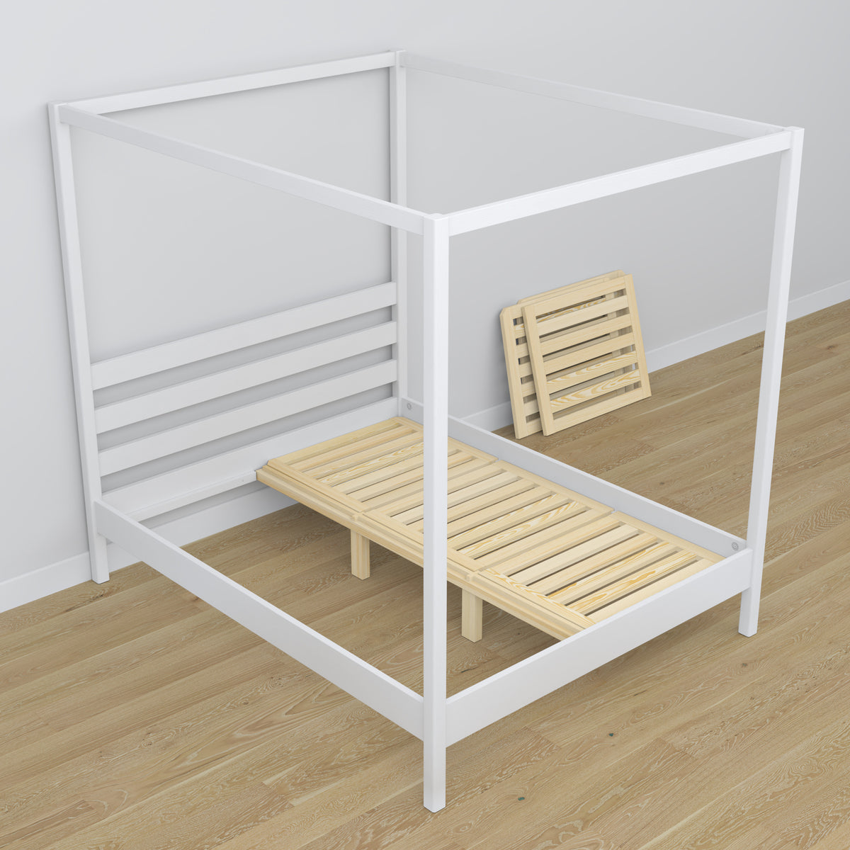 Lit à baldaquin blanc en bois – vue de côté, style scandinave