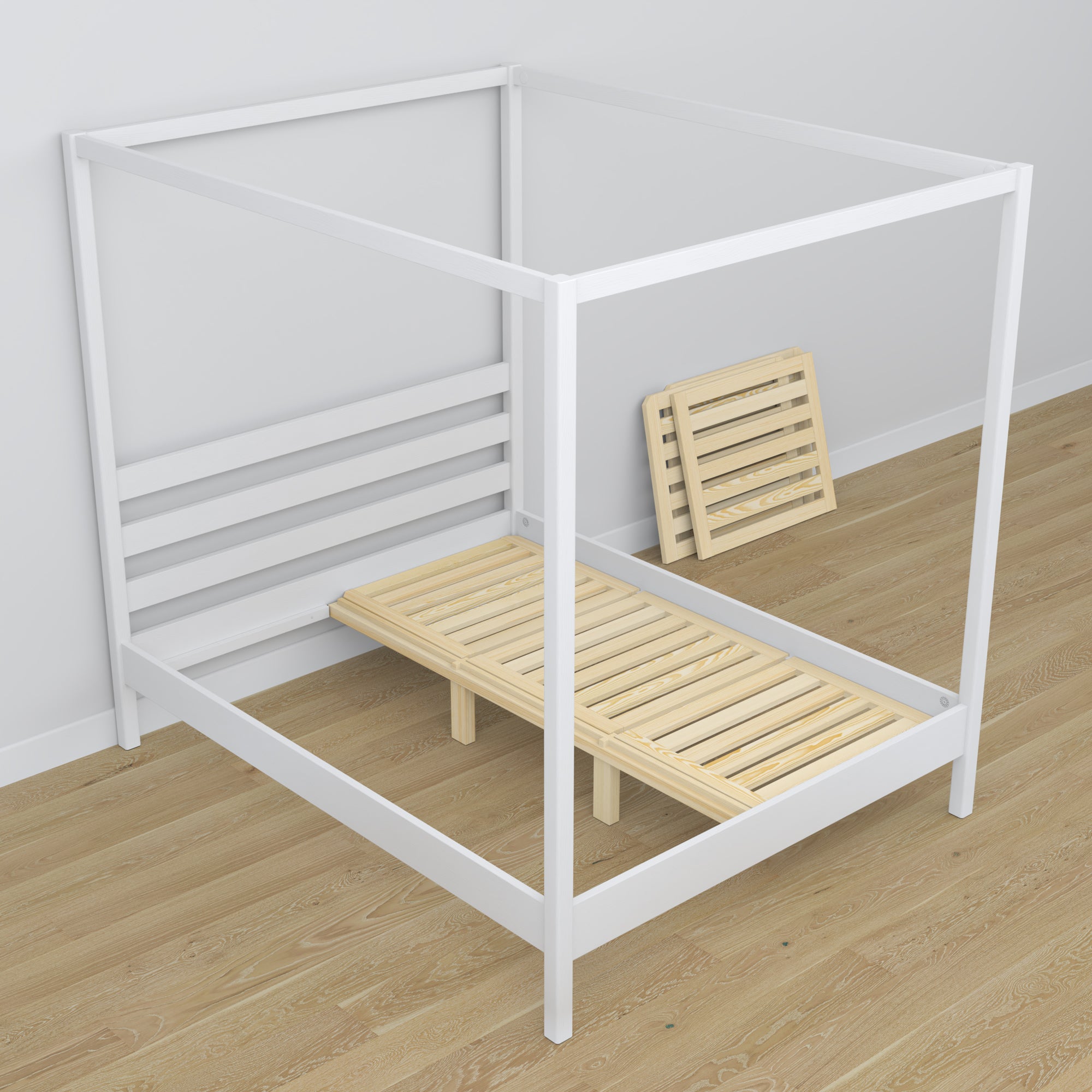 Lit à baldaquin blanc en bois – vue de côté, style scandinave