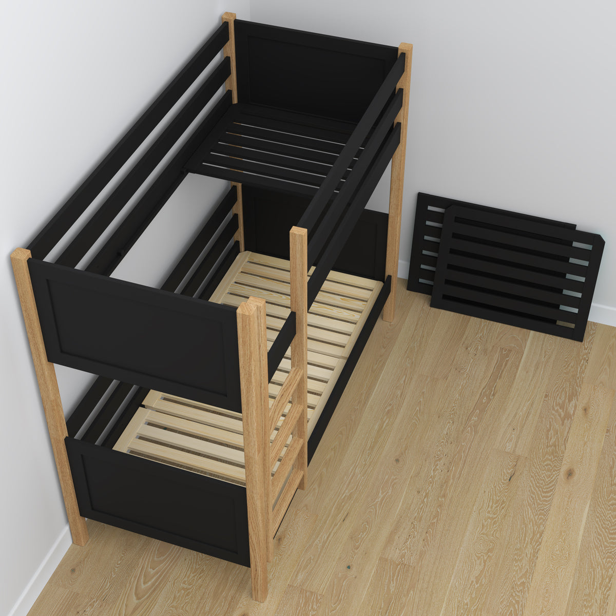 Etagenbett mit Schublade Schwarz-Eiche aus Holz – skandinavisches Design, Nizio