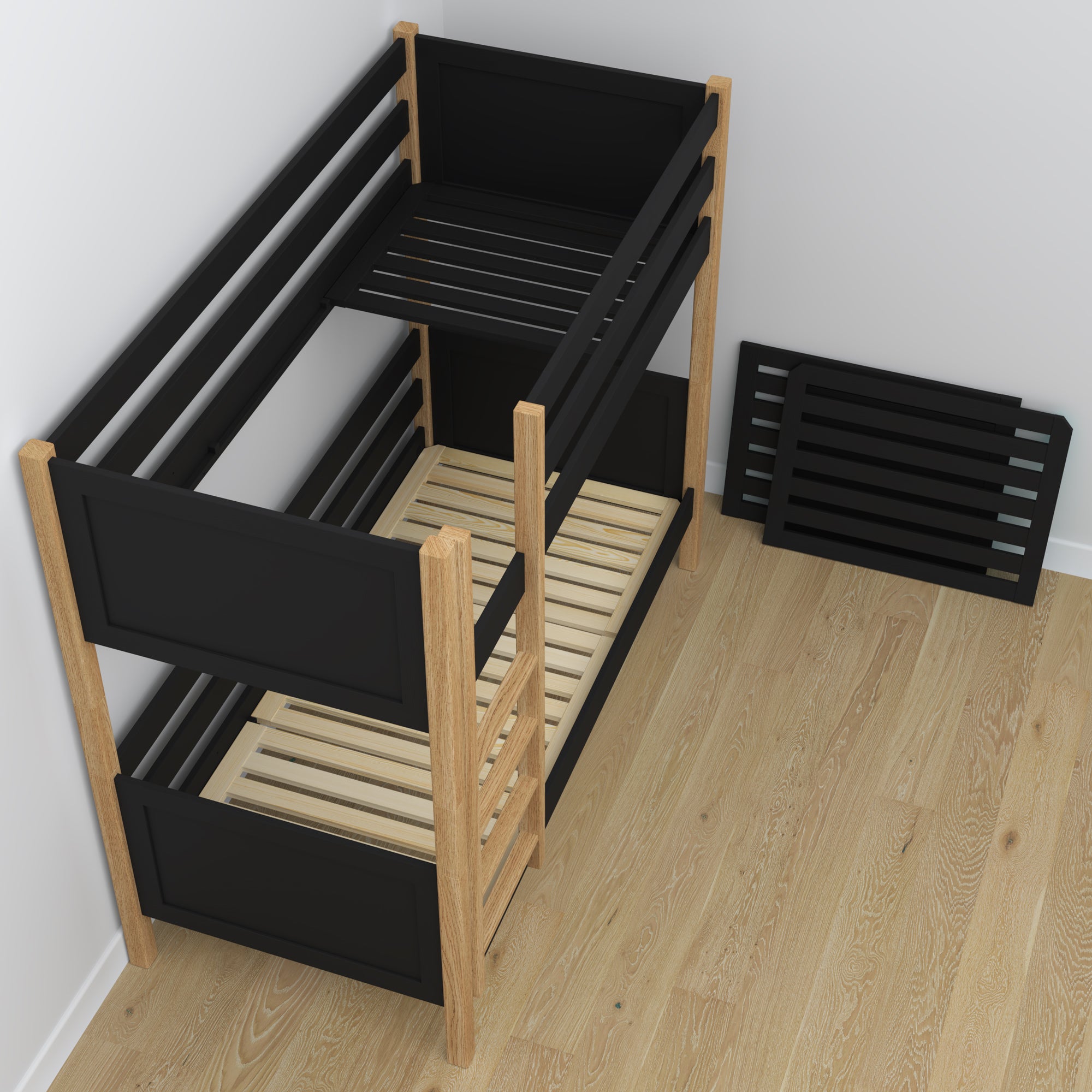 Etagenbett mit Schublade Schwarz-Eiche aus Holz – skandinavisches Design, Nizio