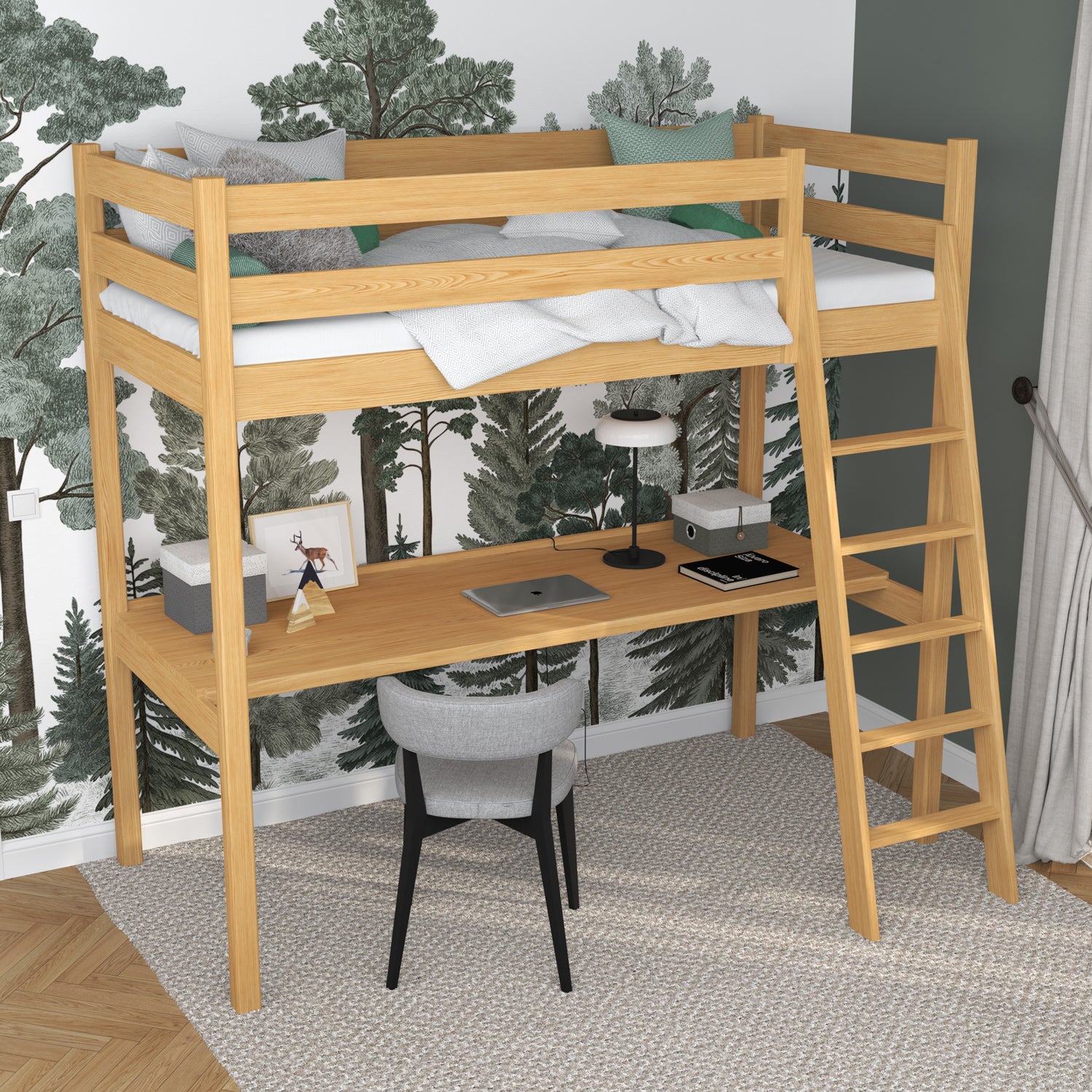 Lit mezzanine avec bureau en bois pin naturel – échelle i barrière ochronna