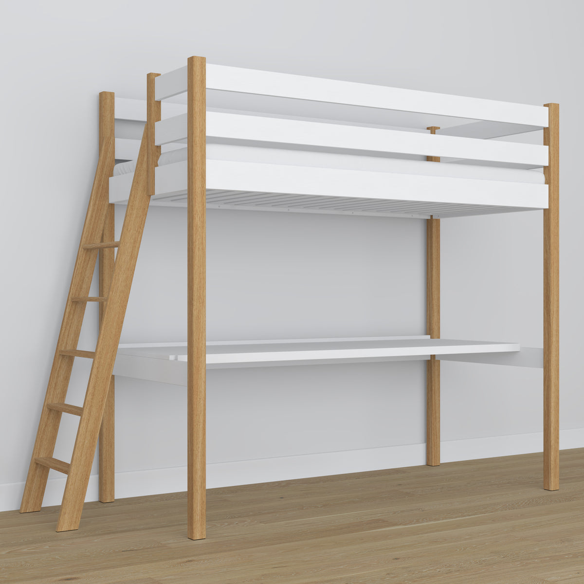 Lit mezzanine blanc-chêne en bois – vue du dessus na chambre, Nizio