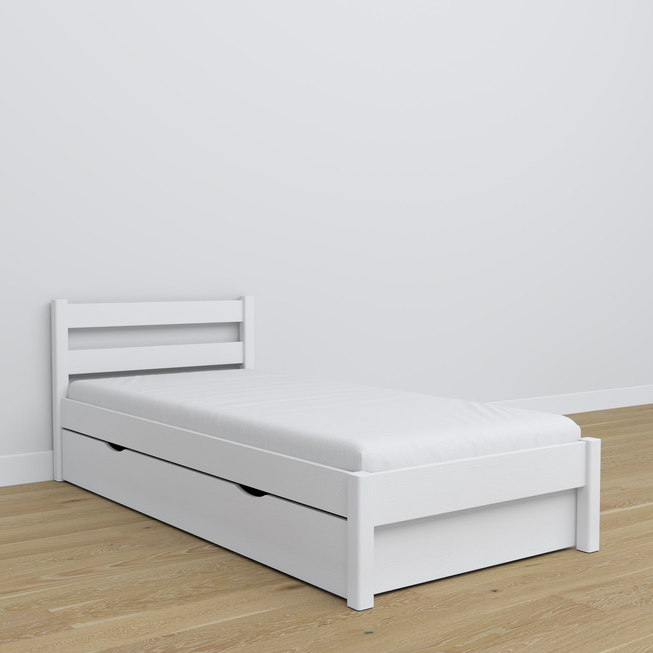 Lit avec tiroir en bois blanc – chambre d'enfant, décoration scandinave