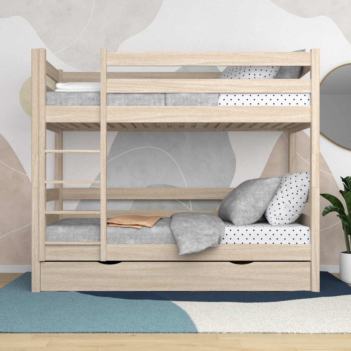 Bleached Oak Bunk Bed with Drawer – Oak Safety Rail and Ladder, Nizio