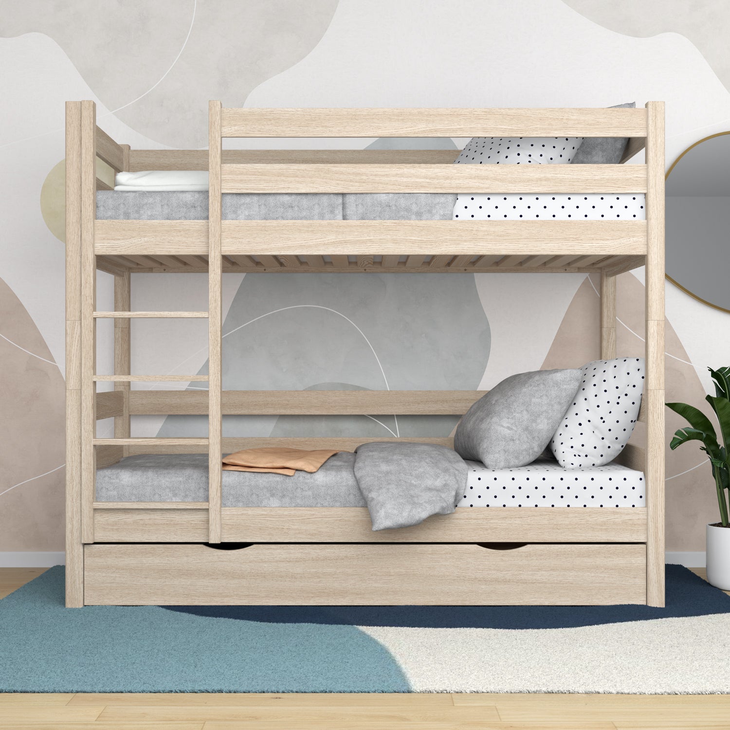 Bleached Oak Bunk Bed with Drawer – Oak Safety Rail and Ladder, Nizio