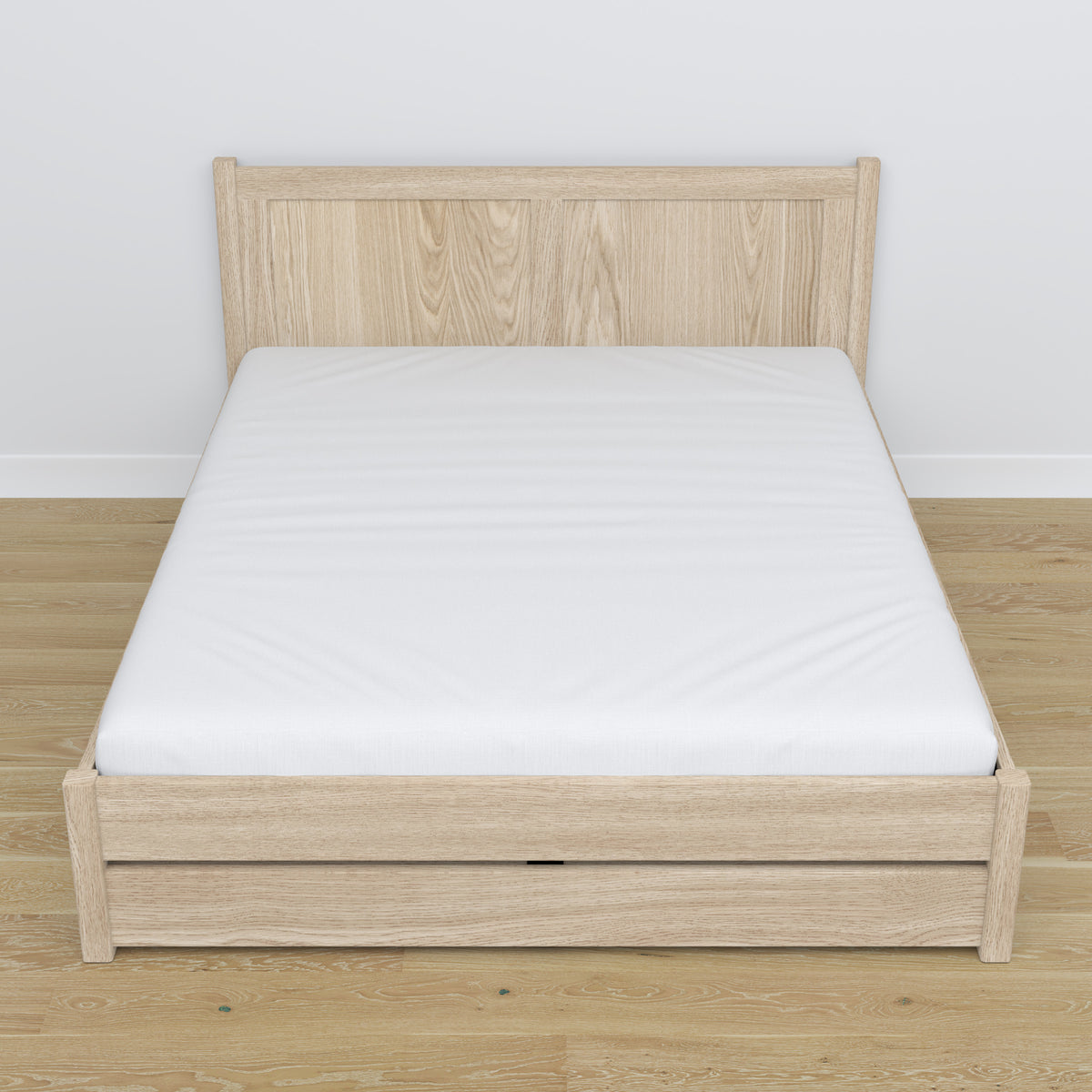Lit double avec tiroir en chêne chêne blanchi – vue en biais, chambre scandinave