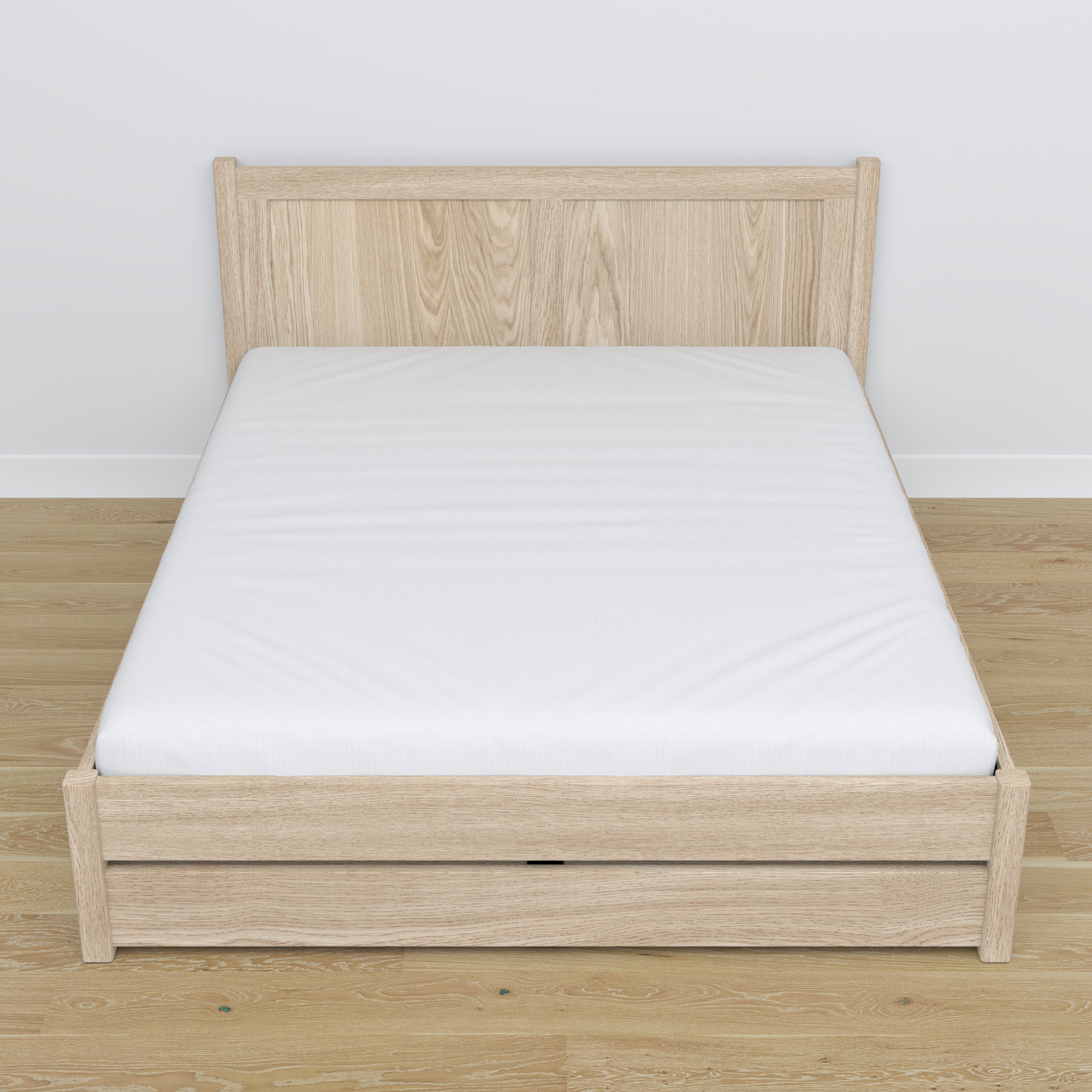 Lit double avec tiroir en chêne chêne blanchi – vue en biais, chambre scandinave