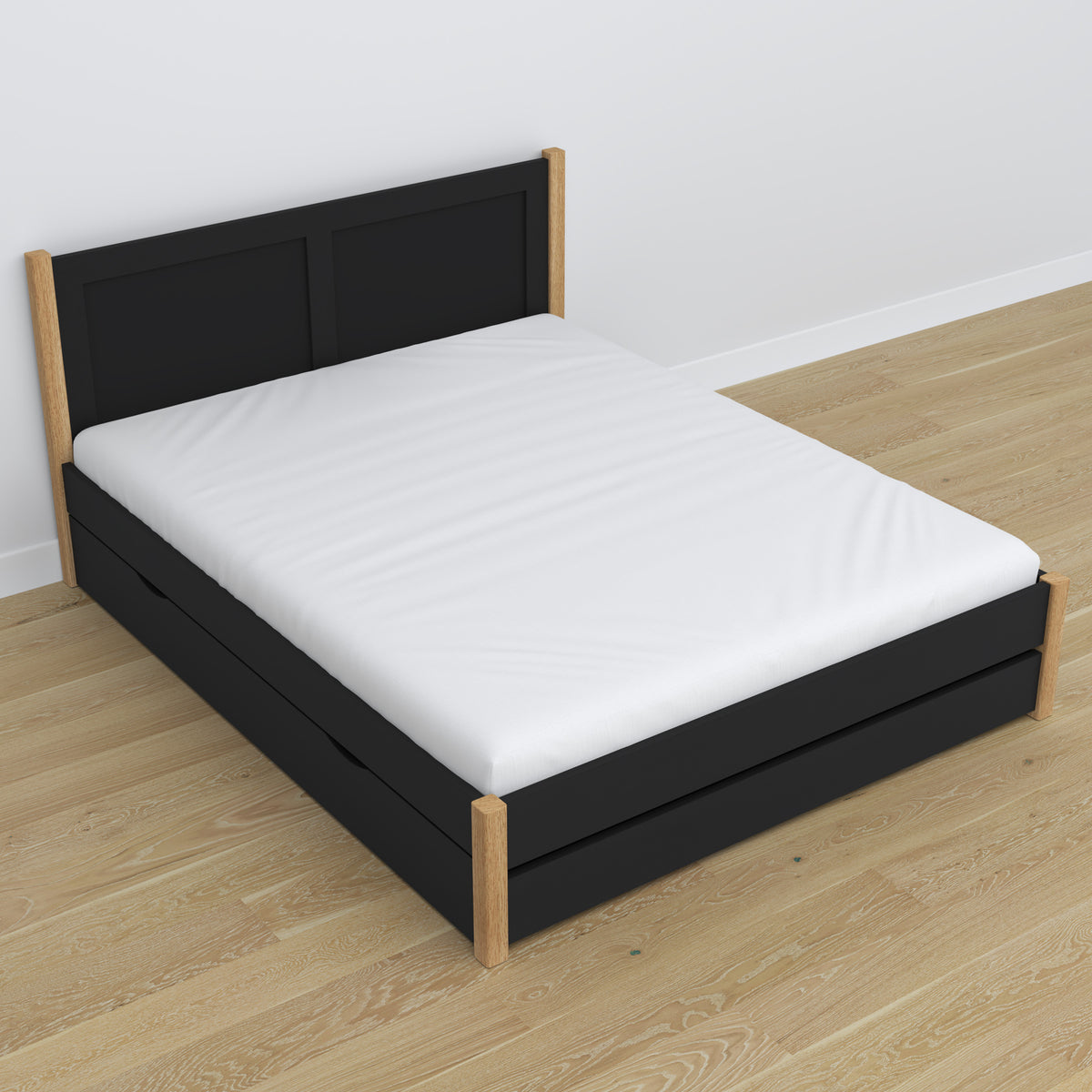 Double bed black with oak – wooden legs and base, close-up