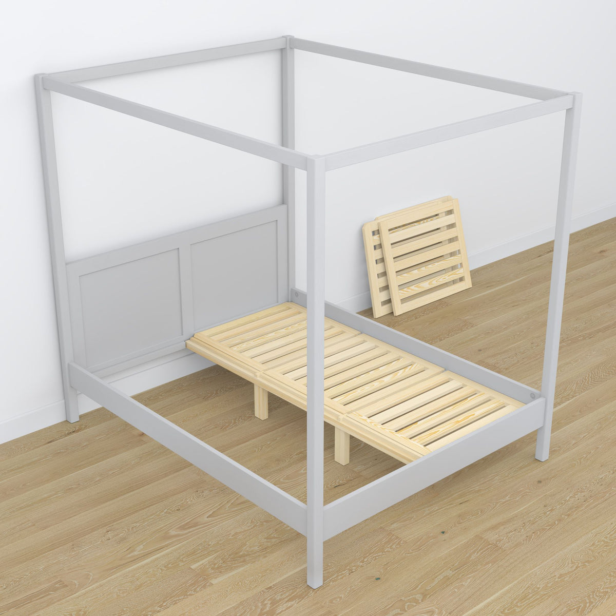 Bett mit Baldachin Aschgrau aus Holz – Schrägansicht, Schlafzimmer