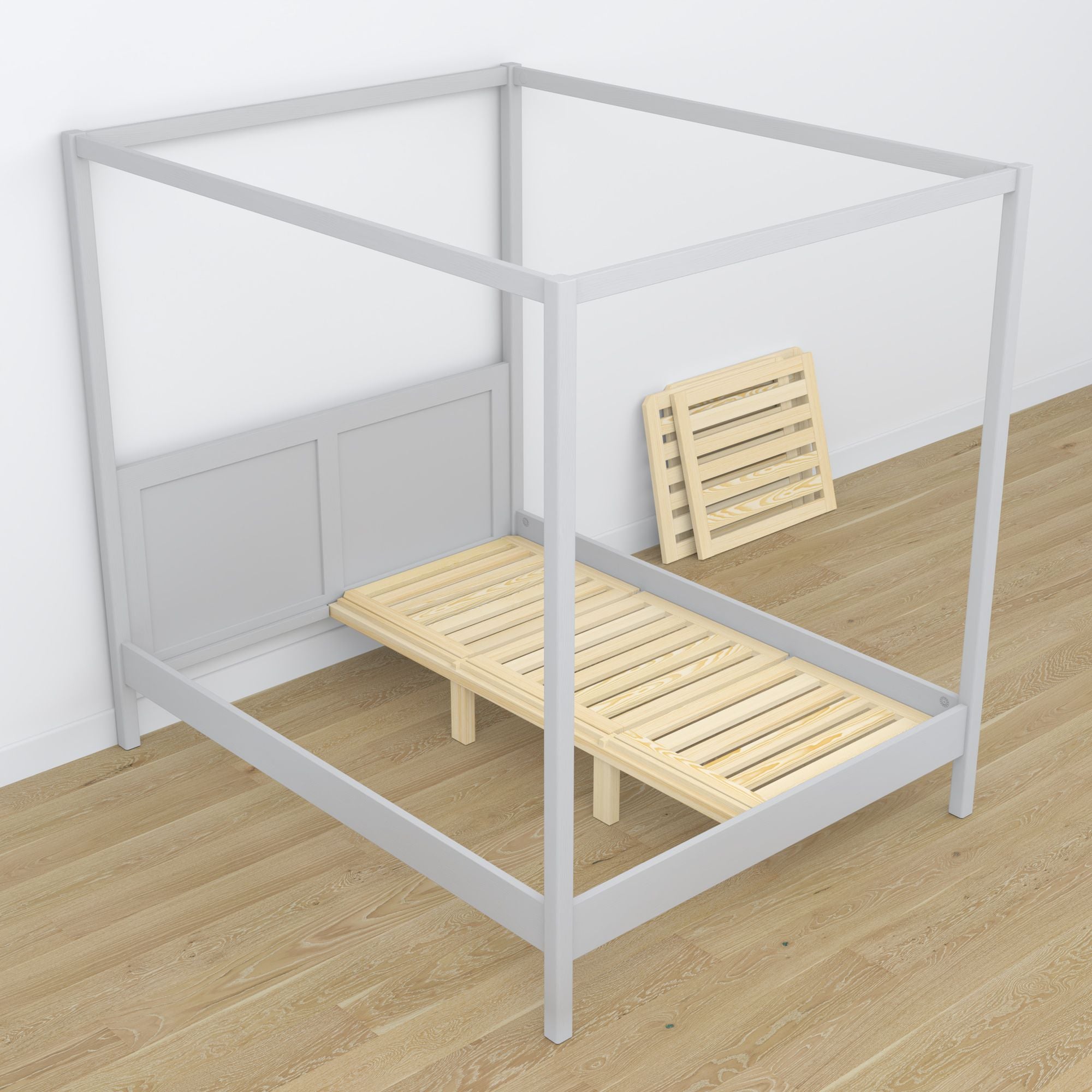Bett mit Baldachin Aschgrau aus Holz – Schrägansicht, Schlafzimmer