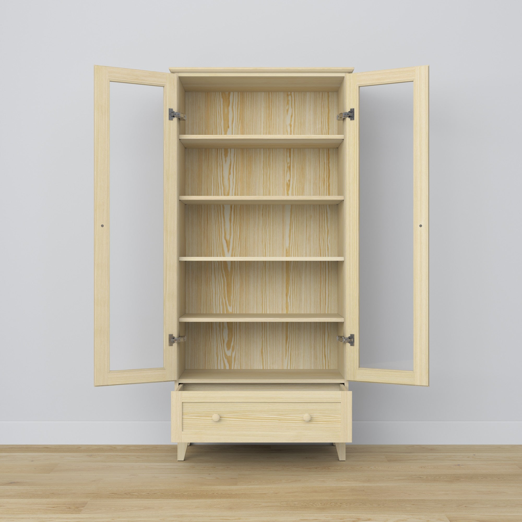 Display cabinet 1S 90 clear pine – pine, glass door, front view
