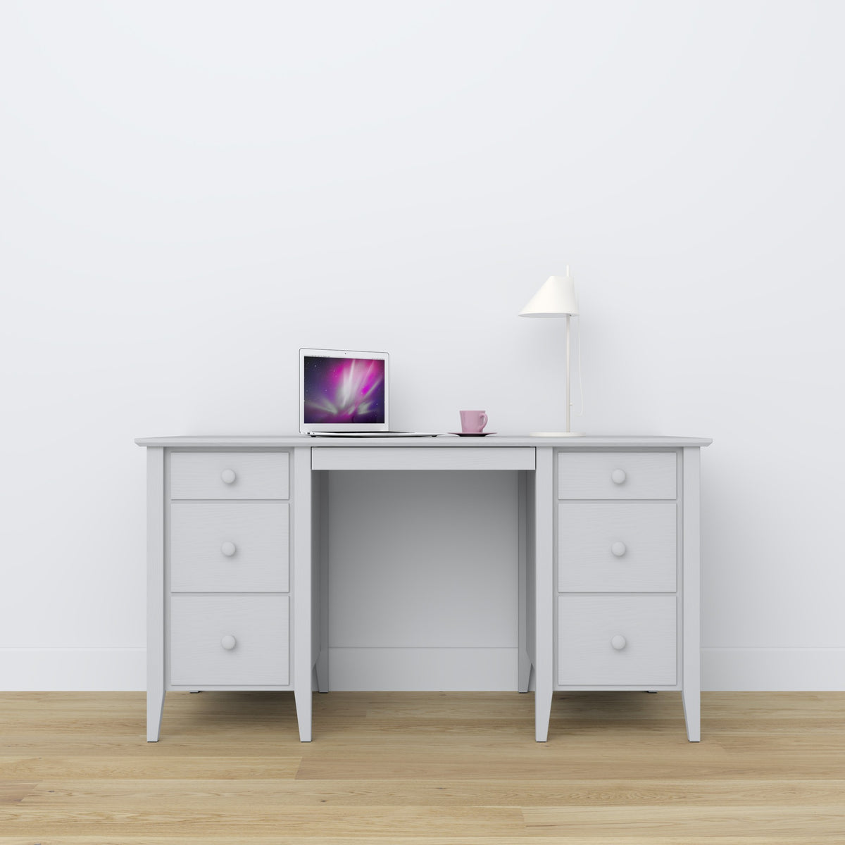 Bureau 6S en bois gris – tiroirs ouverts, rangements pour documents