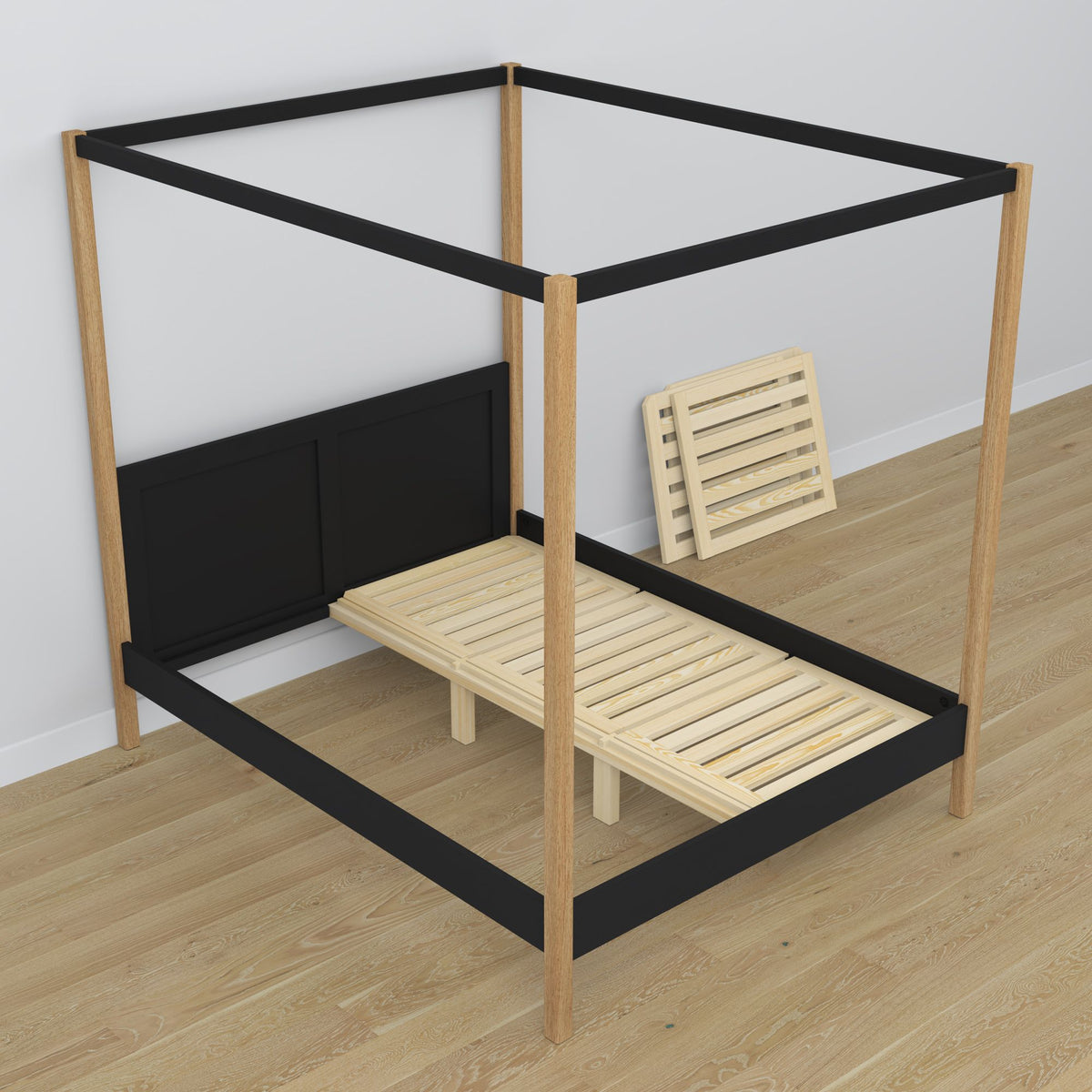 Bett mit Baldachin Schwarz-Eiche aus Holz – Schrägansicht, Schlafzimmer
