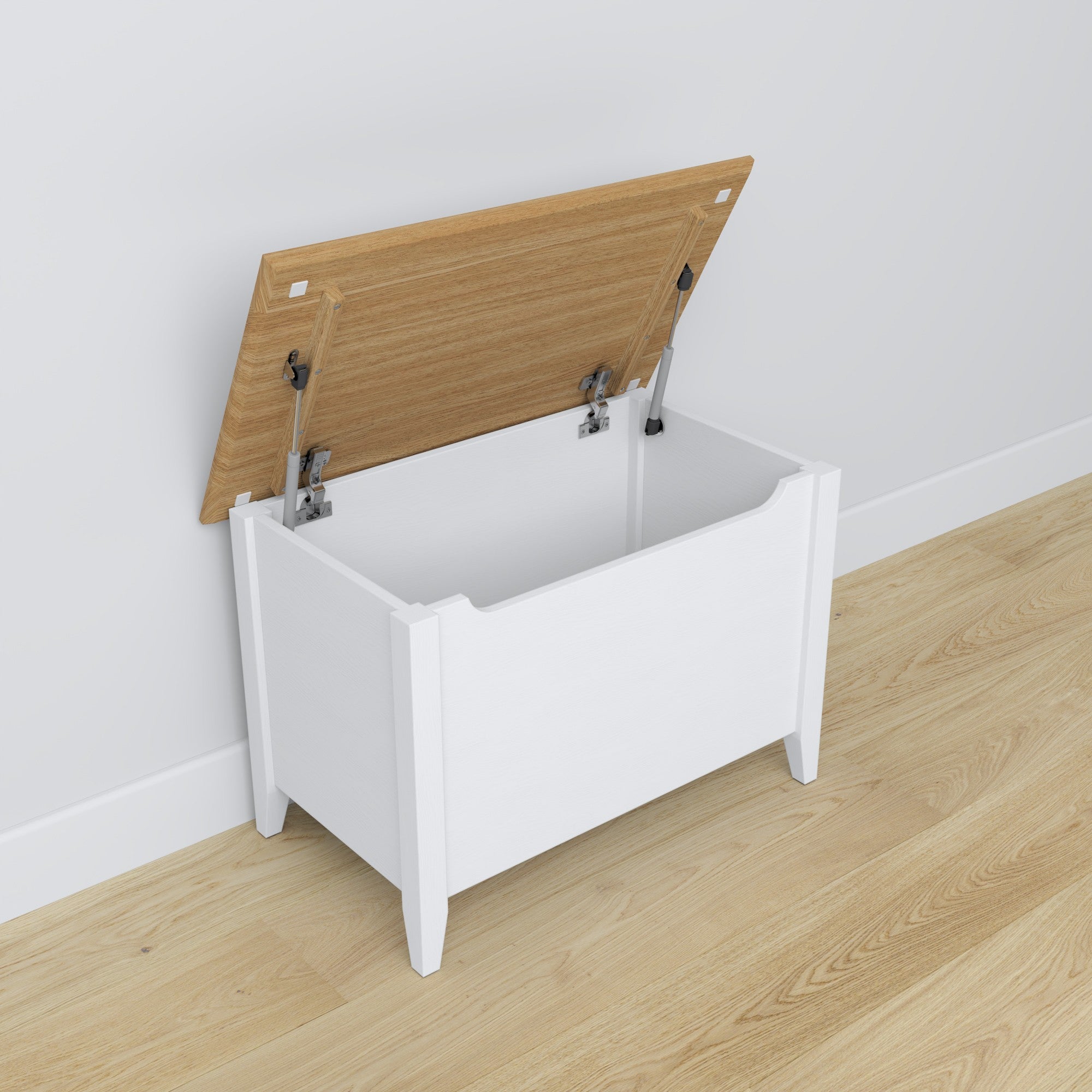 Coffre en bois blanc avec chêne dans le salon ou la chambre – décoration scandinave