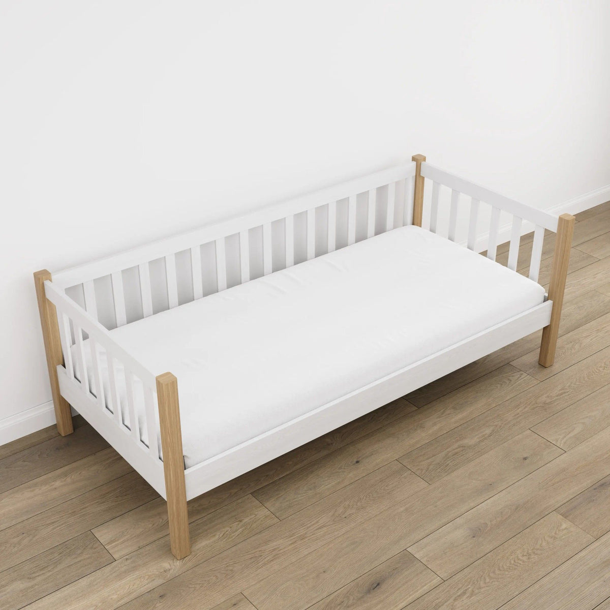 Sofa-Bett weiß mit Eiche – Beine und Basis Holz, Nahaufnahme der Details