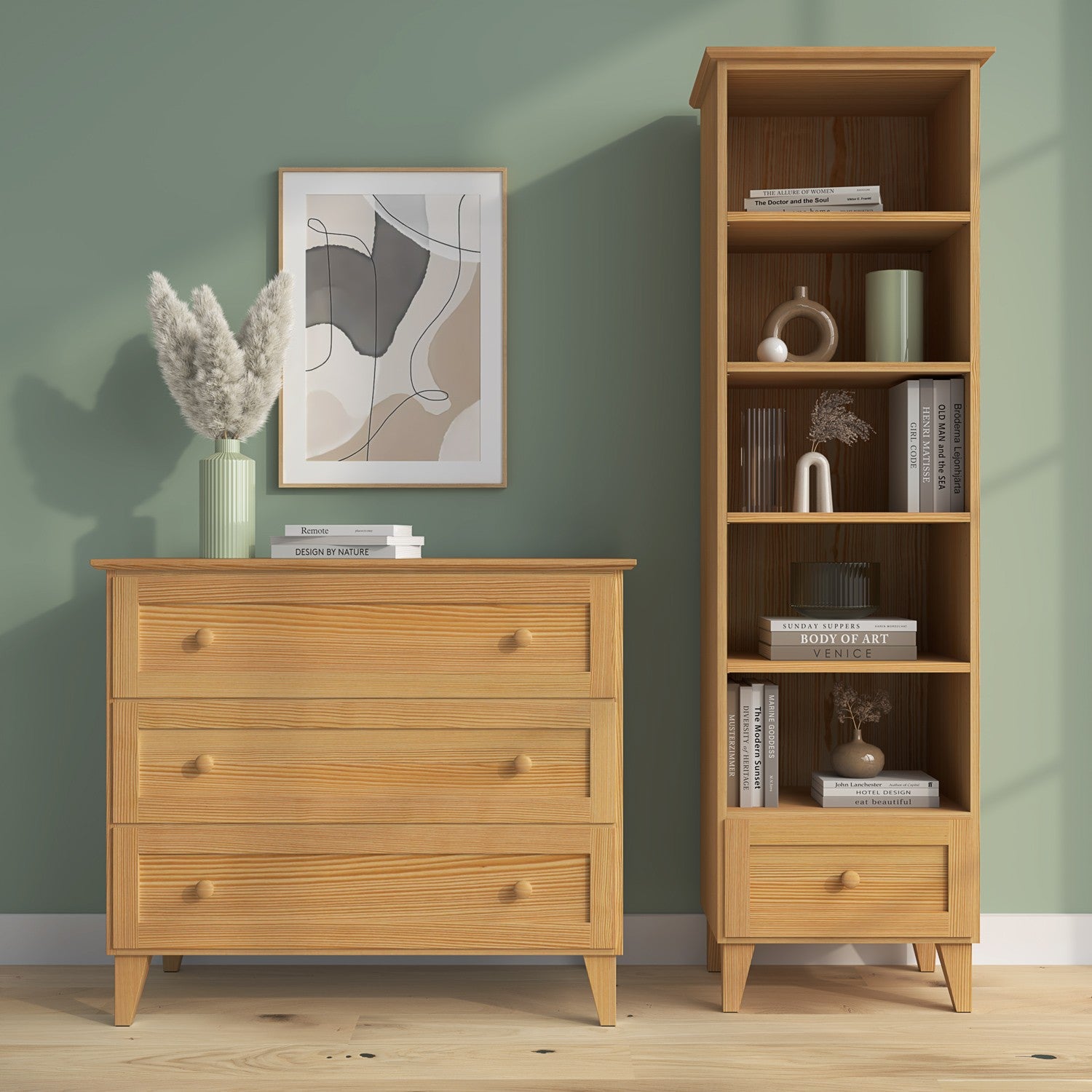 Bookcase 1S 57 natural pine – pine, all shelves, front view, Nizio